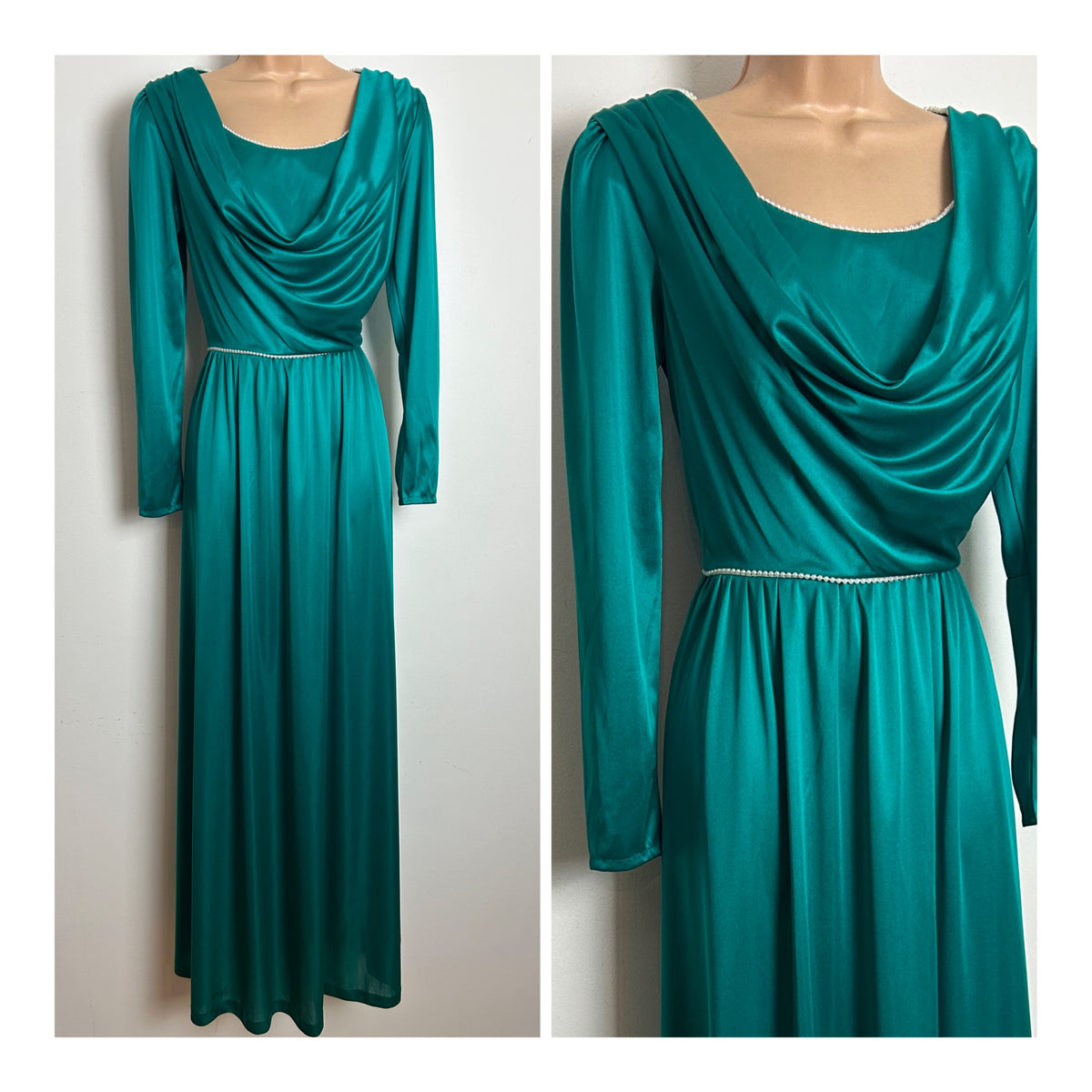 Vintage Early 1980s AFTER SIX BY RONALD JOYCE Size 8 Jade Green Pearl Trim Cowl Neck Long Sleeve Evening Occasion Maxi Dress