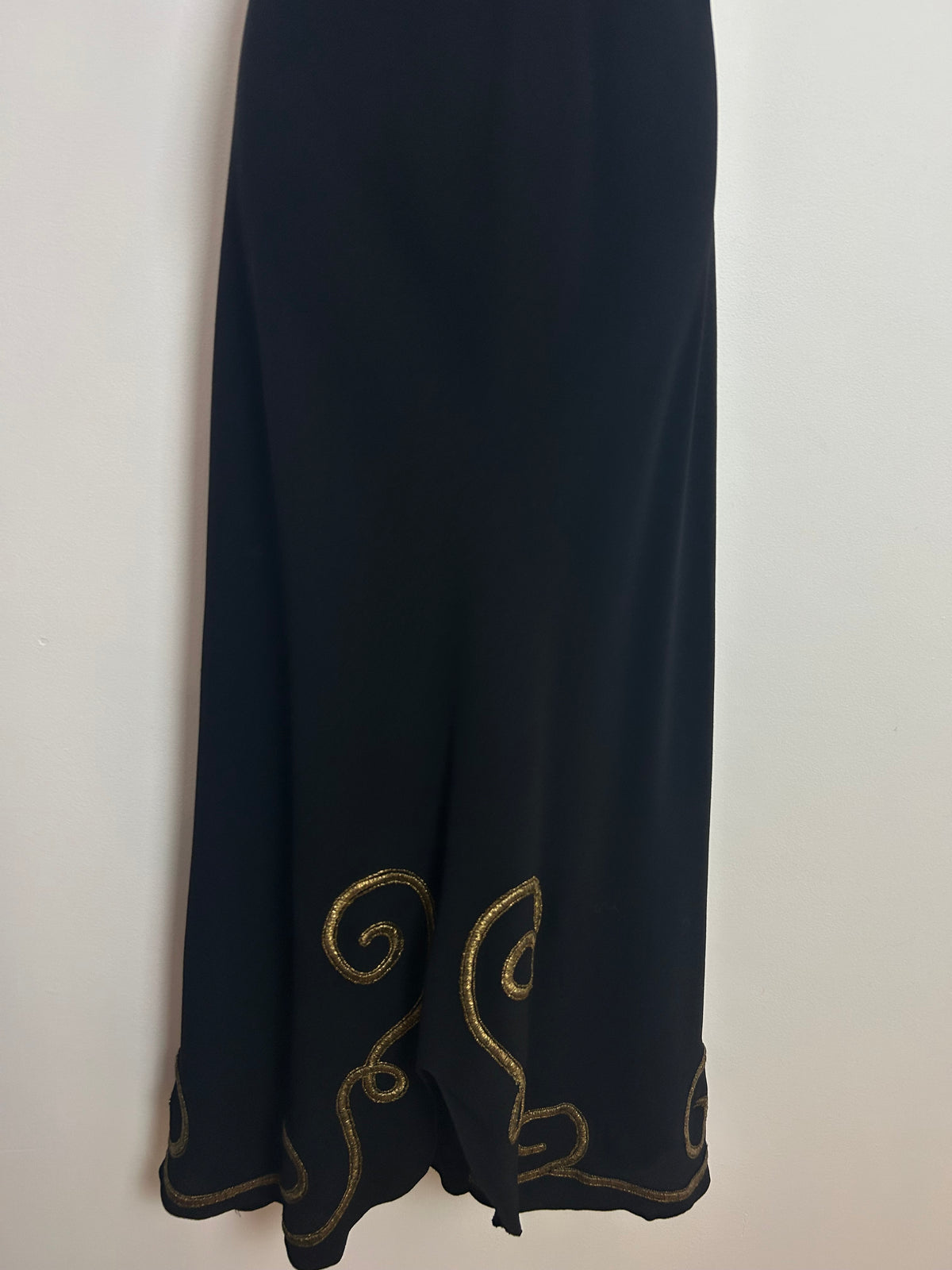 Vintage Original 1940s Size 8 Black Rayon Gold Thread Embroidered Swirl Pattern Occasion Evening Maxi Dress