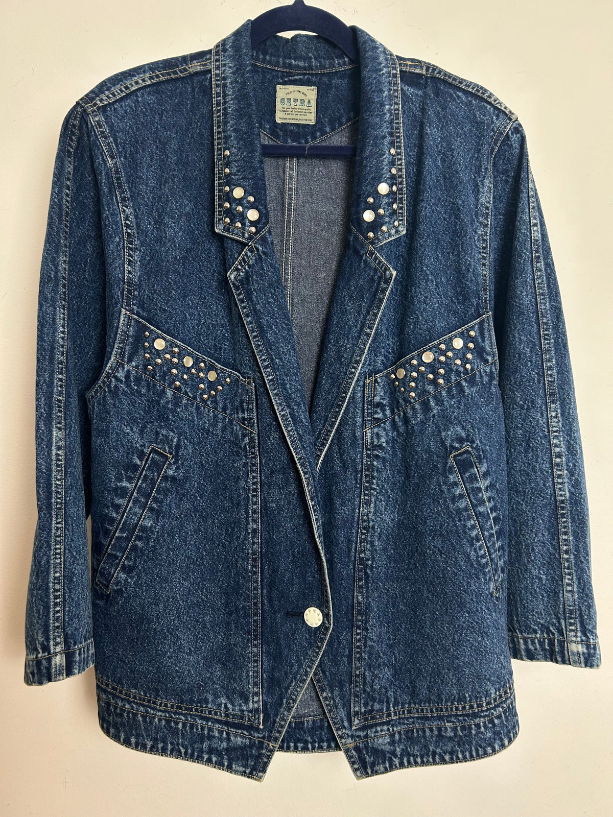 Vintage 1980s CETRA Size 12-14 Dark Blue Stud Detail Denim Jacket