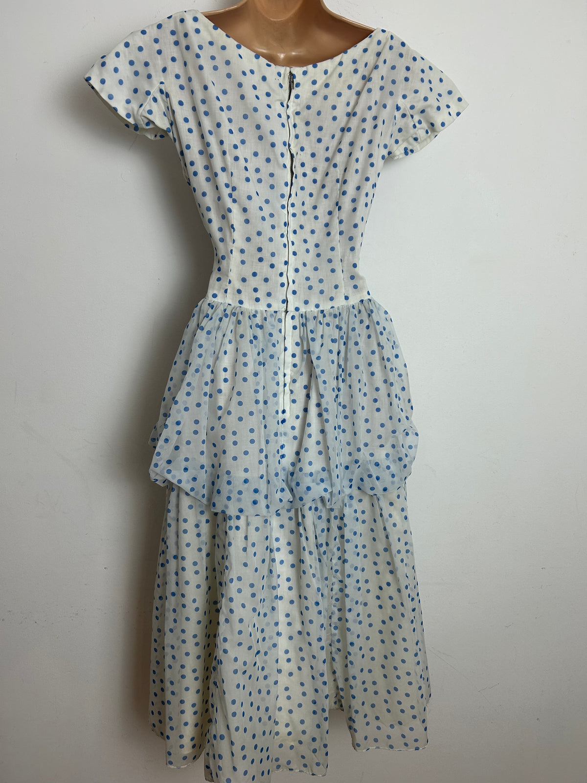 Vintage Late 1950s PECK & PECK Size 8 White & Blue Polka Dot Layered Party Prom Occasion Dress
