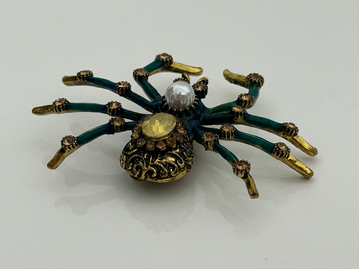 Vintage Gold Tone Green Enamel & Diamante Set Large Spider Pin Brooch