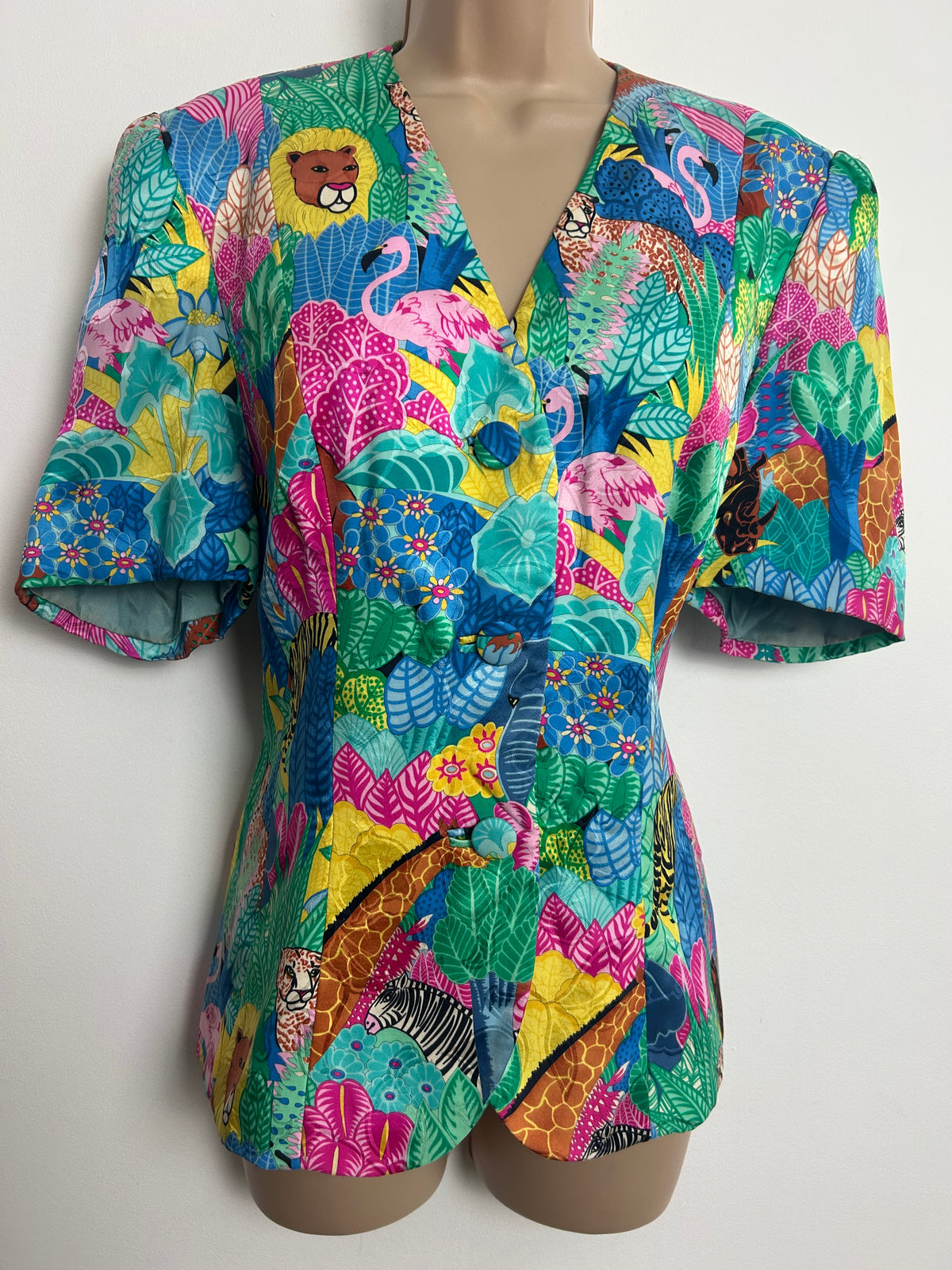 Vintage 1980s DONALD CAMPBELL Size 14 Blue Pink Green Yellow Flamingo Leopard & Lion Print Jungle Print