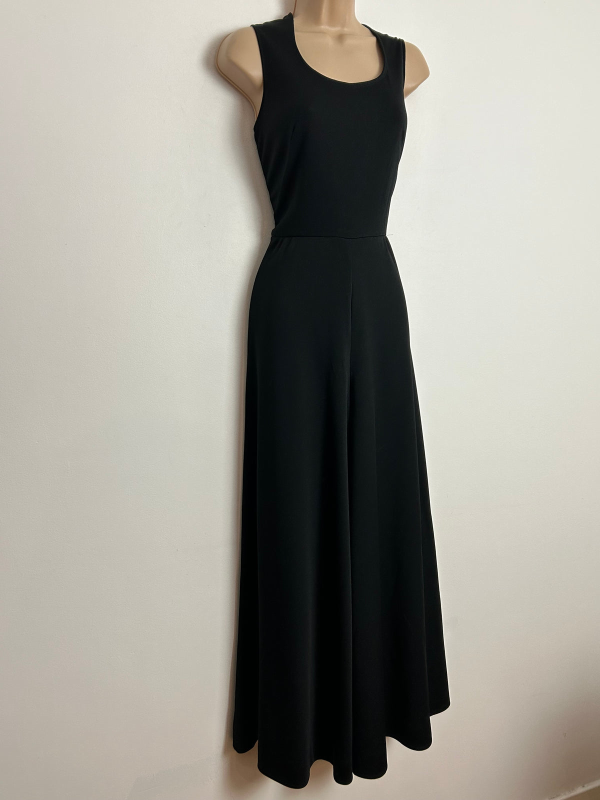 Vintage 1970s UK Size 6-8 Black Sleeveless Wide Leg Palazzo Jumpsuit