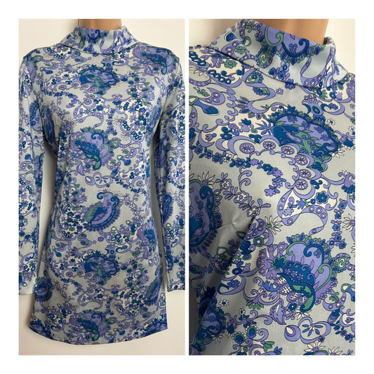 Vintage 1960s ST MICHAEL Size 12 Blue & Lilac Tones Floral & Paisley Print Mini Mod Dress