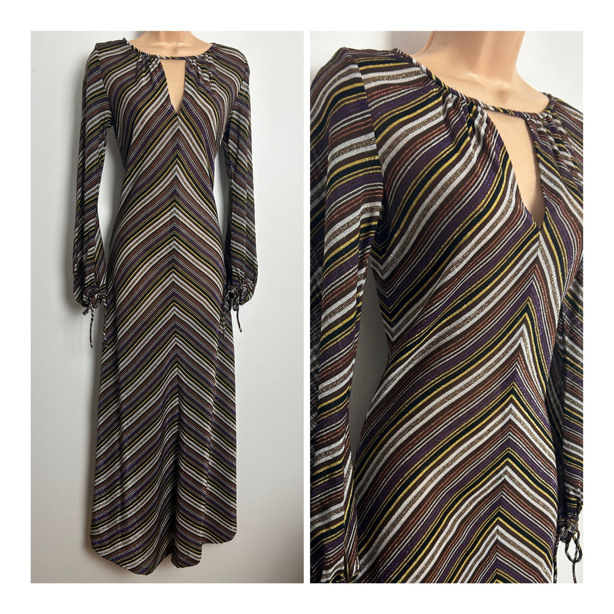 Vintage 1970s SIMON ELLIS Size6 6-8 Brown Bronze Silver & Gold Lurex Stripe Long Sleeve Maxi Dress