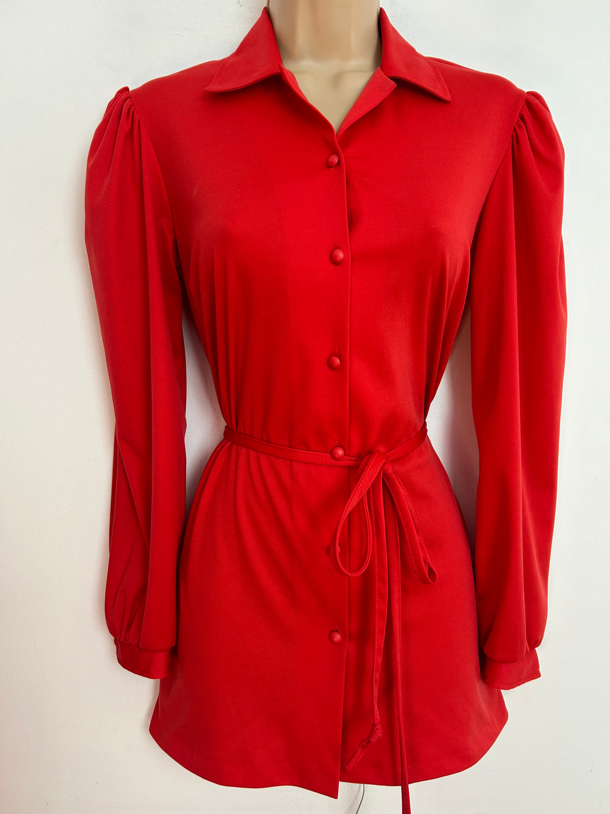 Vintage Early 1980s UK Size 10 Red Long Sleeve Belted Shirt