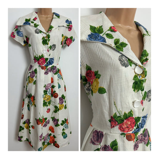 Vintage  1950s Size 12 White Pink Blue & Yellow Floral Print Waffle Rockabilly Dress