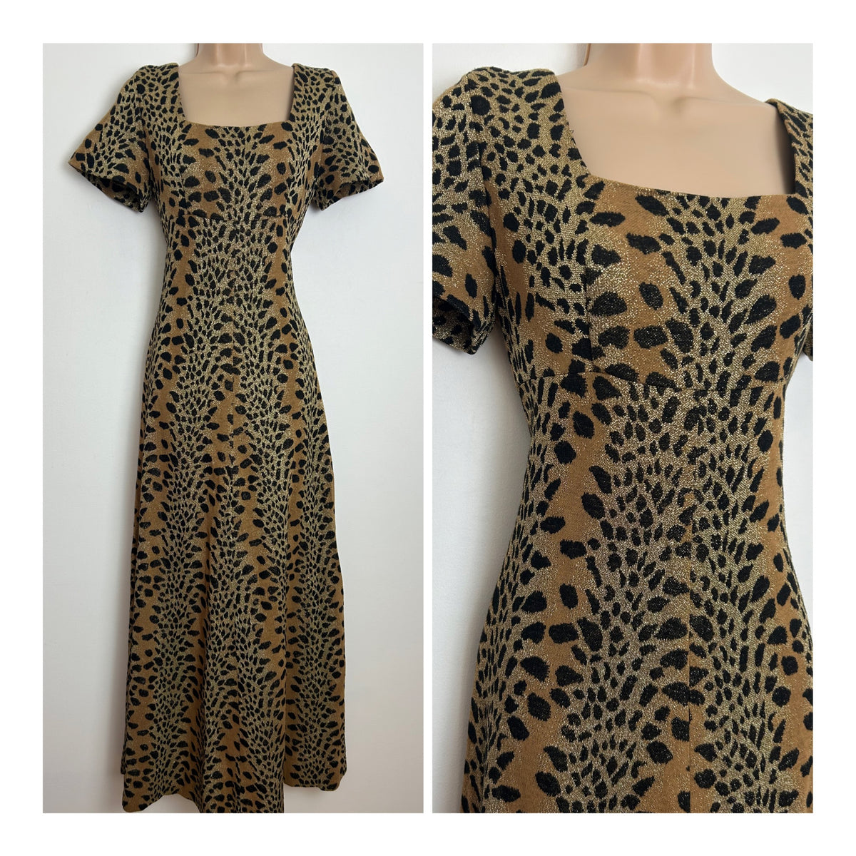 Vintage 1970s MADEMOISELLE Size 8 Black Tan & Gold Lurex Animal Print Evening Maxi Dress