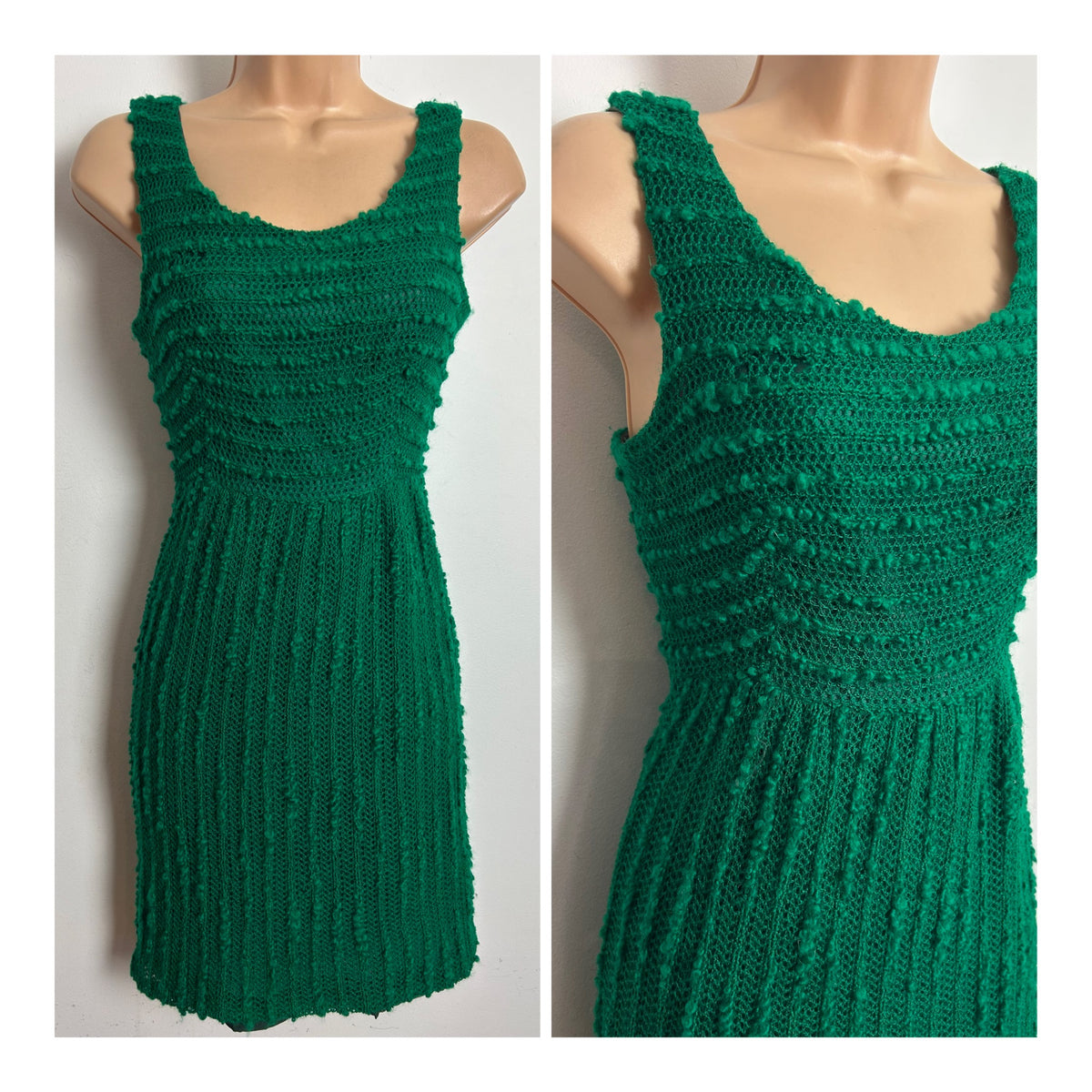 Vintage 1960s DOLLY KNITS BY DOLLY ROCKERS BY SAMUEL SHERMAN Size 8 Green Crochet Knit Mini Mod Dress