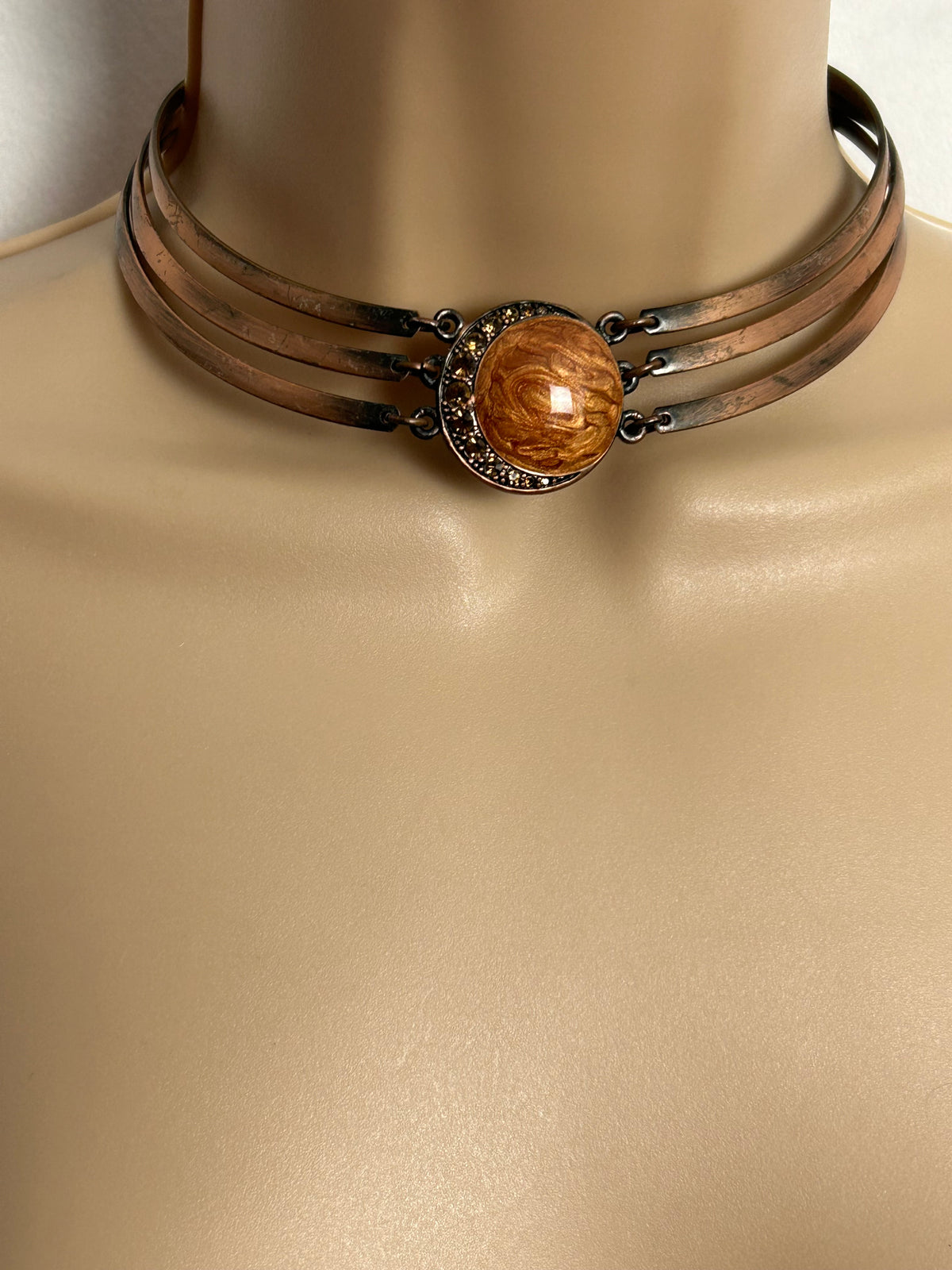 Vintage 90s Bronze Colour Base Metal Enamel & Diamante Set Choker Necklace