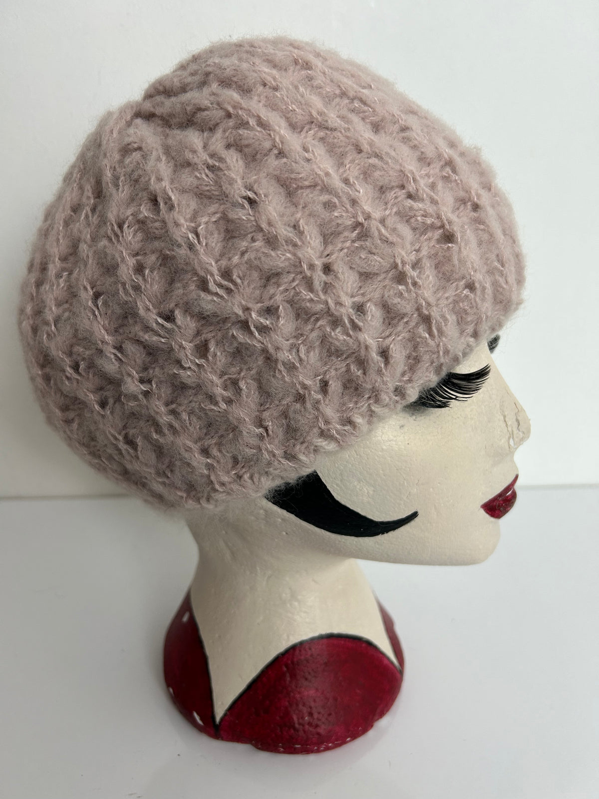 Vintage Pale Nude Pink Wool & Angora Chunky Knit Reversible Beanie/Beret Style Hat