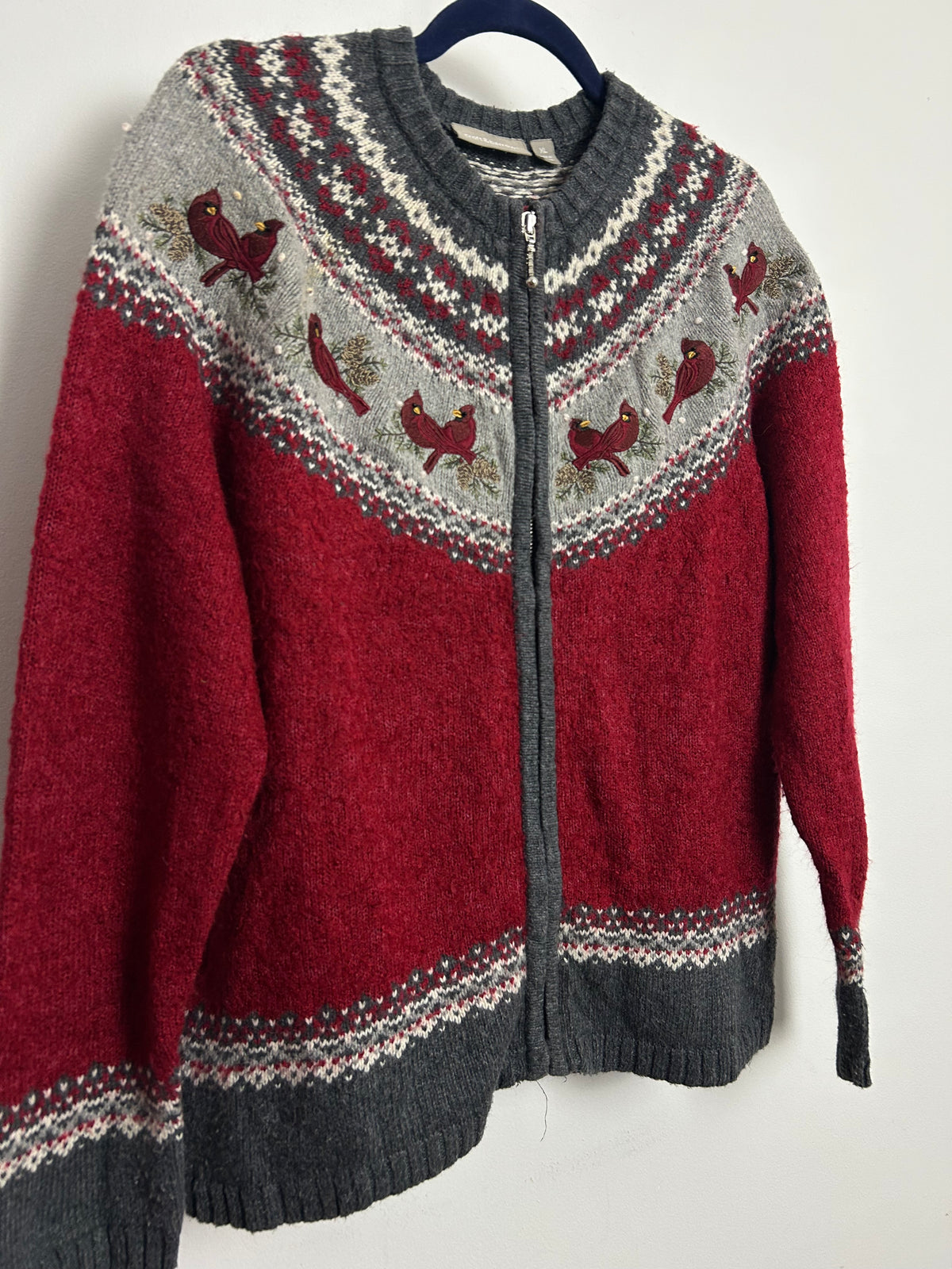 Vintage 1990s CROFT & BARROW Size 16-18 Red & Grey Cardinal Fair Isle Style Silk Mix Cardigan
