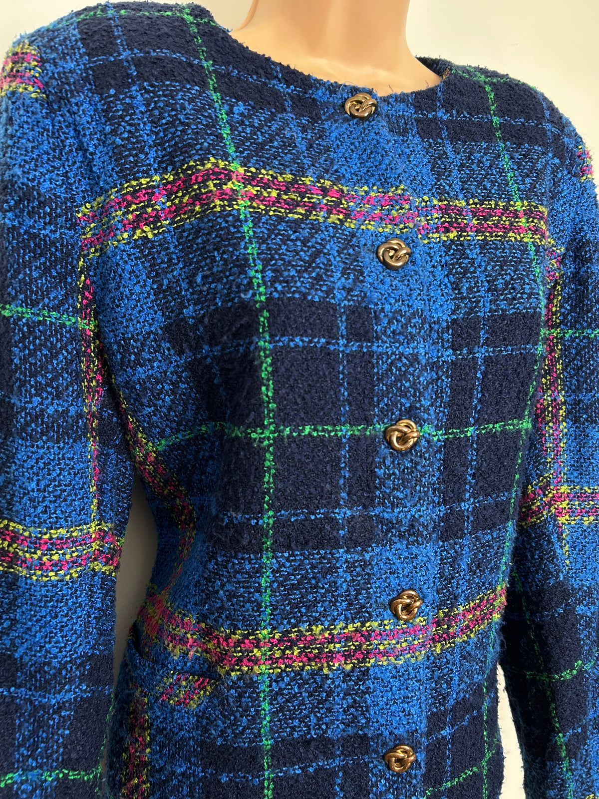 Vintage VINCI CLOTHIERS Size 14 Blue Check Boucle Collarless Boxy Jacket