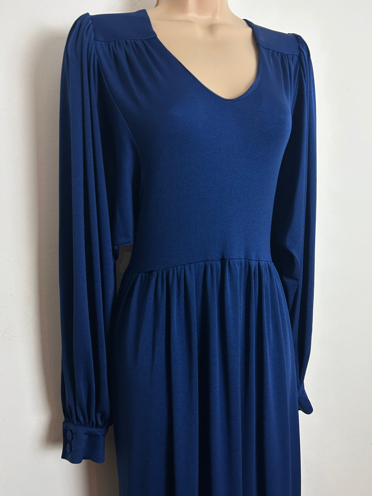 Vintage 1970s EMCAR Size 10-12 Navy Blue Long Billowy Balloon Sleeve Empire Line Maxi Dress