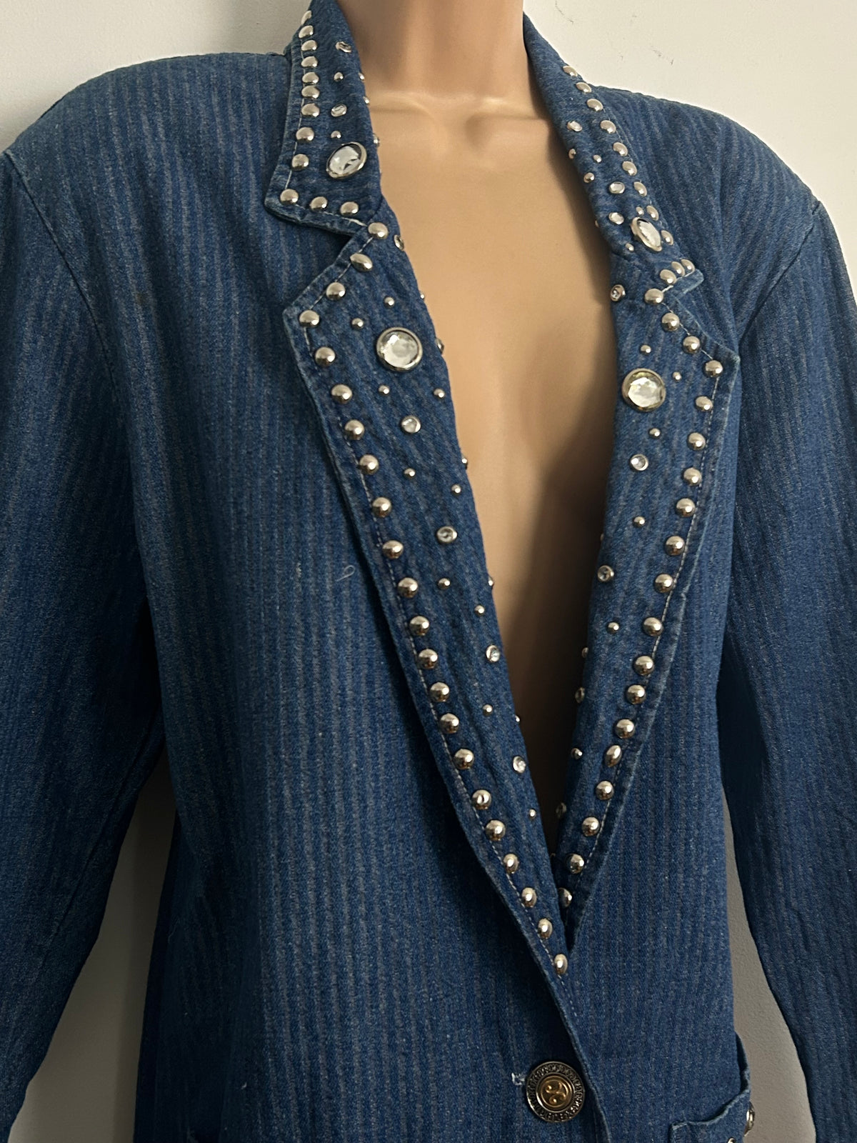 Vintage 1980s PANAMA Size 14 Pinstripe Stud & Jewel Embellished Cotton Blazer Style Denim Jacket