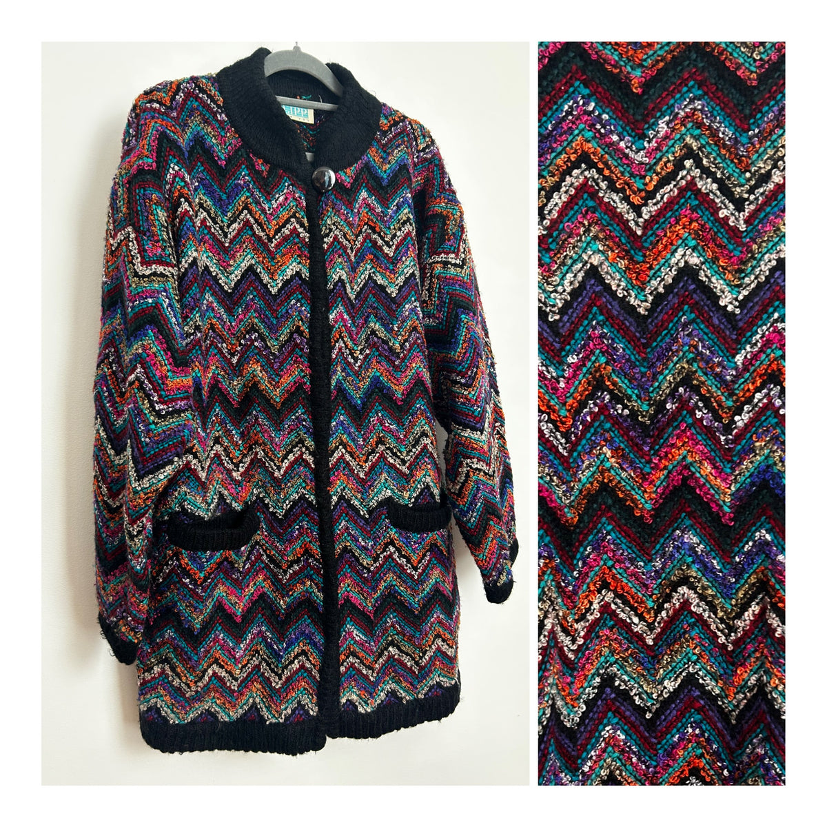 Vintage 1980s Up To Size 16 Black Multicolour Loop Yarn Chunky Knit Slouchy Cardigan