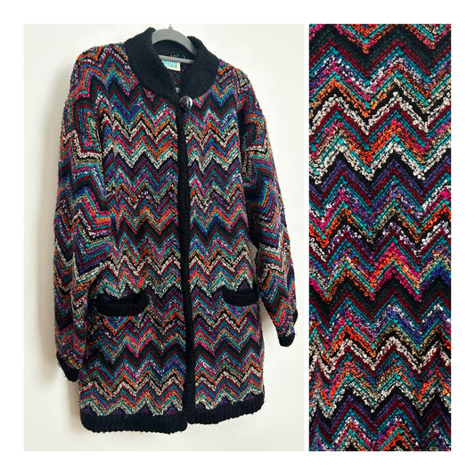 Vintage 1980s Up To Size 16 Black Multicolour Loop Yarn Chunky Knit Slouchy Cardigan
