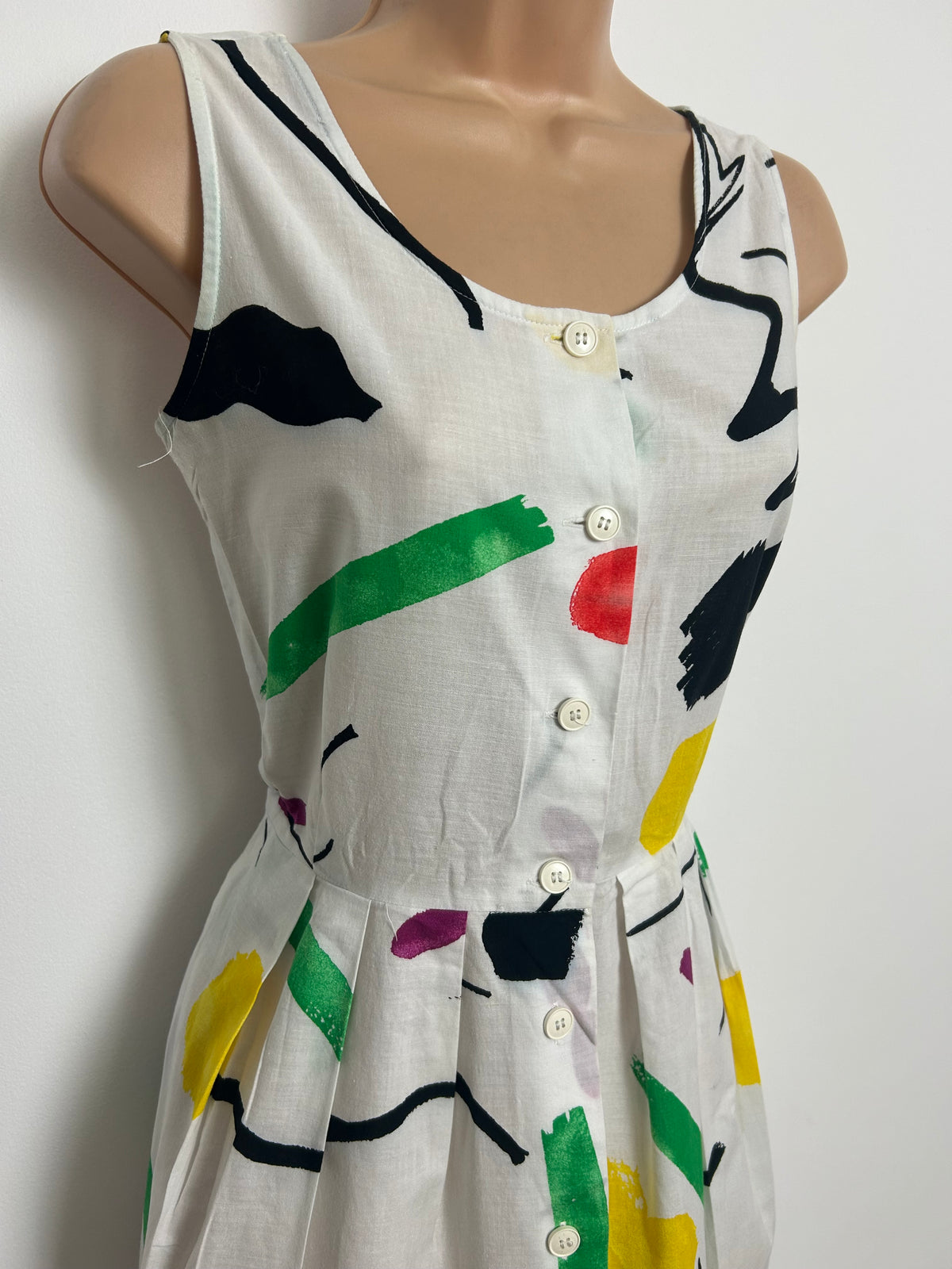 Vintage 1980s CACHAREL Size 8 White Multicolour Abstract Print Pleated Cotton Summer Dress