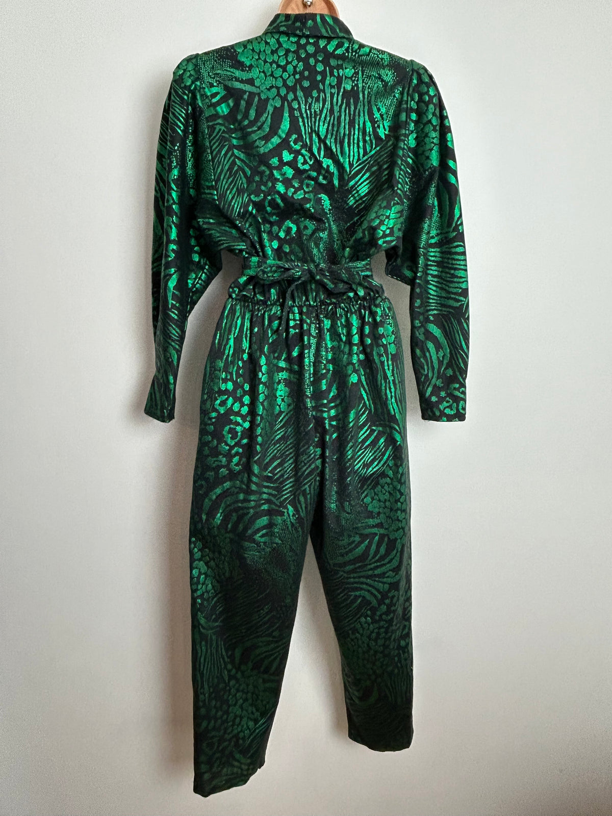 Vintage 1980s Approx UK Size 10-12 Black & Metallic Green Mixed Animal Print Long Sleeve Tie Back Tapered Leg Jumpsuit