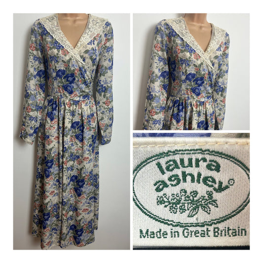 Vintage 1980s LAURA ASHLEY Size 10 White Blue & Dusky Orange Floral Linen Mix Lace Collar Tea Dress