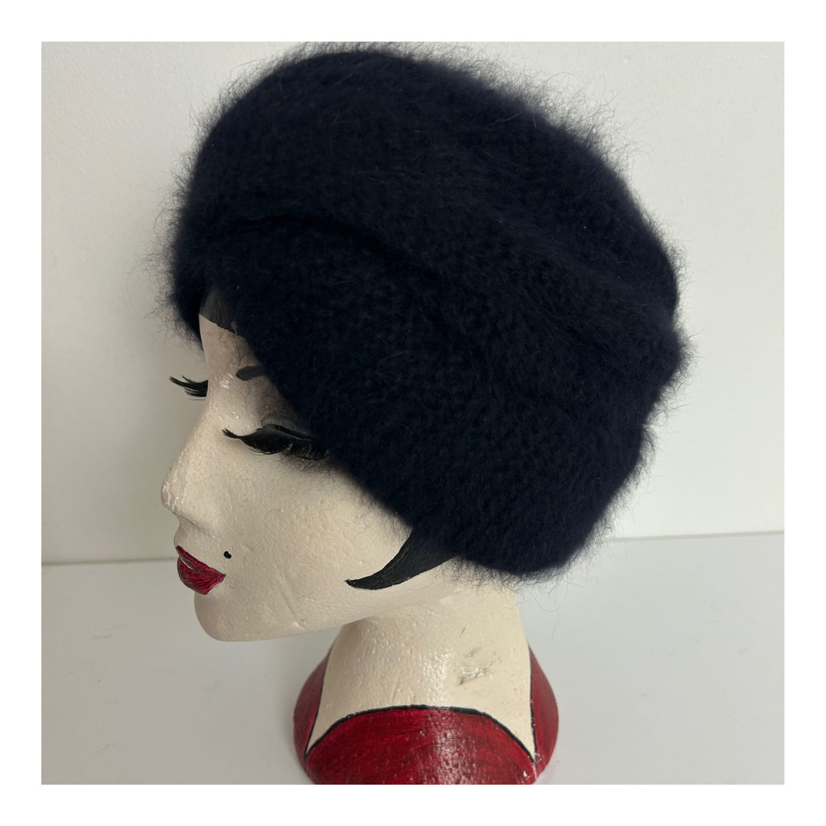 Vintage THELEN Black Wool & Angora Mix Turban Style Beanie Hat