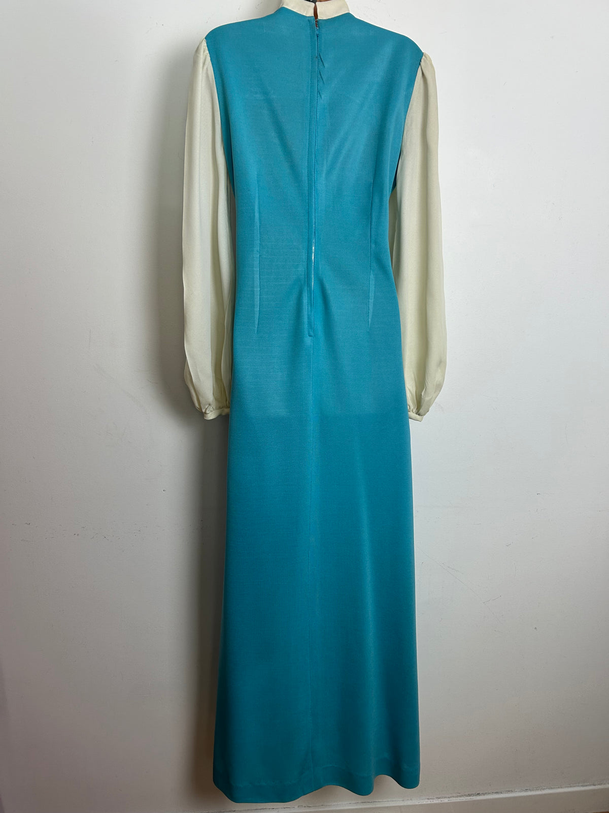 Vintage Late 1960s Size 14 Turquoise & Cream Ruffle Bib Long Sleeve Maxi Dress