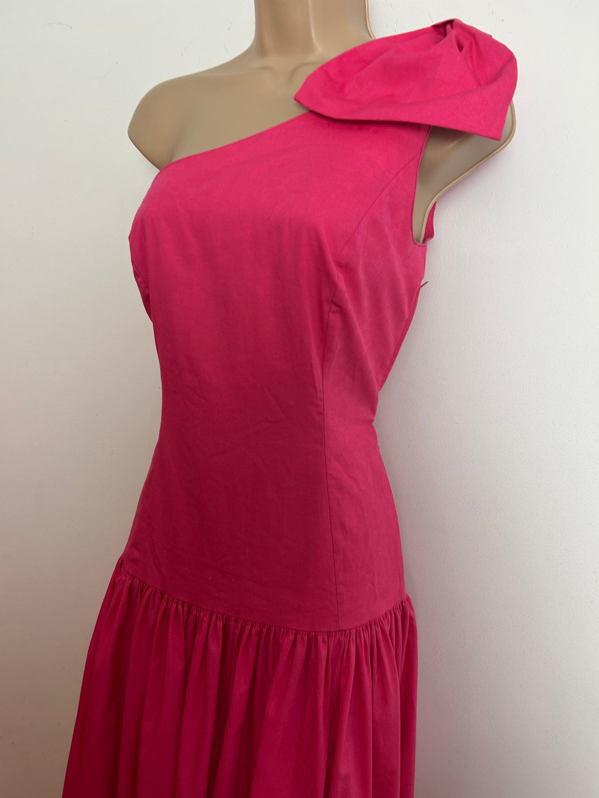 Vintage 1980s LAURA ASHLEY Size 8 (Size 12 On Label) Candy Pink One Shoulder Bow Detail Maxi Dress