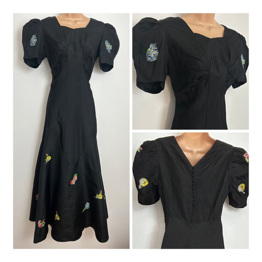 Vintage Original 1930s Size 8-10 Black Hand-Appliqued Puff Sleeve Scallop Detail Bias Cut Maxi Dress