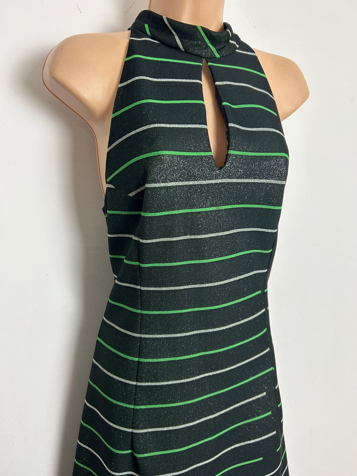 Vintage 1970s LEROSE Size 12 Black Silver & Green Stripe Keyhole Lurex Sleeveless Occasion Maxi Dress
