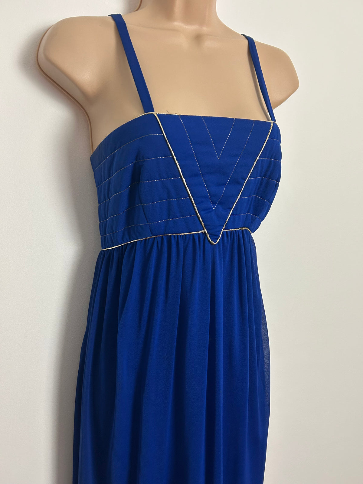 Vintage 1970s MUREK MODELL UK Size 8 Royal Blue & Gold Piping Trim Empire Line Occasion Maxi Dress