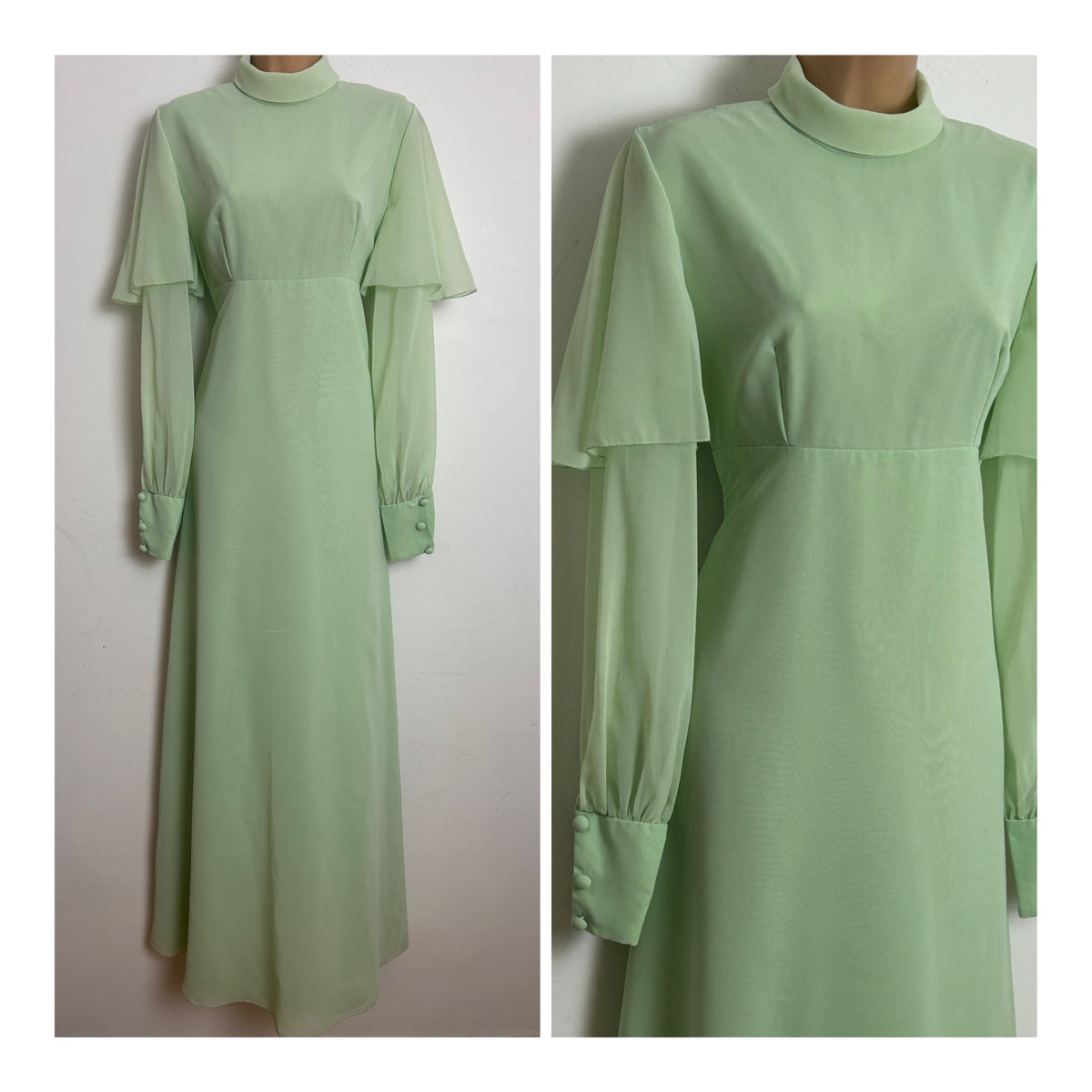 Vintage 1970s PETER ELLIS Size 10 Pale Apple Green Chiffon Double Layer Long Sleeve Occasion Maxi Dress