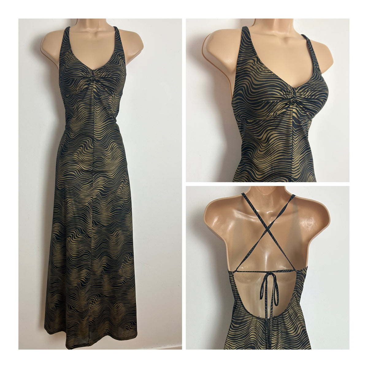 Vintage 1970s Size 6-8 Black & Dark Gold Wavy Stripe Print Open Back Cross Strap Maxi Dress
