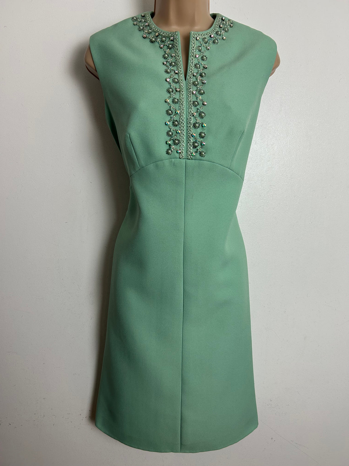 Vintage 1960s Size 12 Spearmint Green Bead Diamante & Braid Trim Embellished Mod Occasion Shift Dress