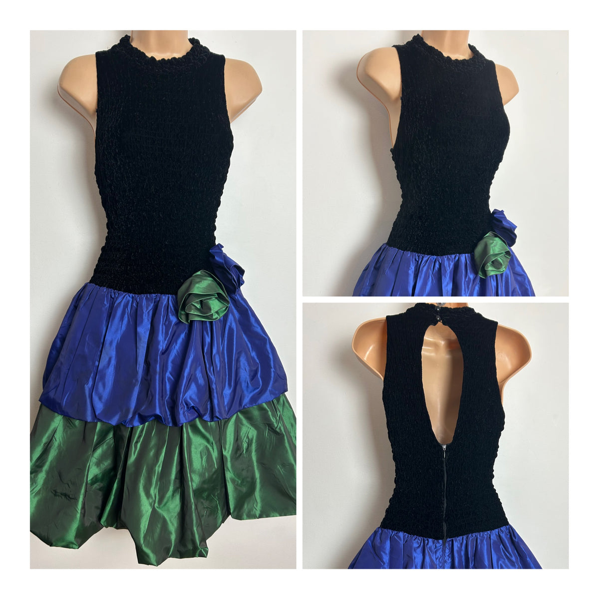 Vintage 1980s Size 10-12 Black Purple & Green Velour & Taffeta Party Prom Dress