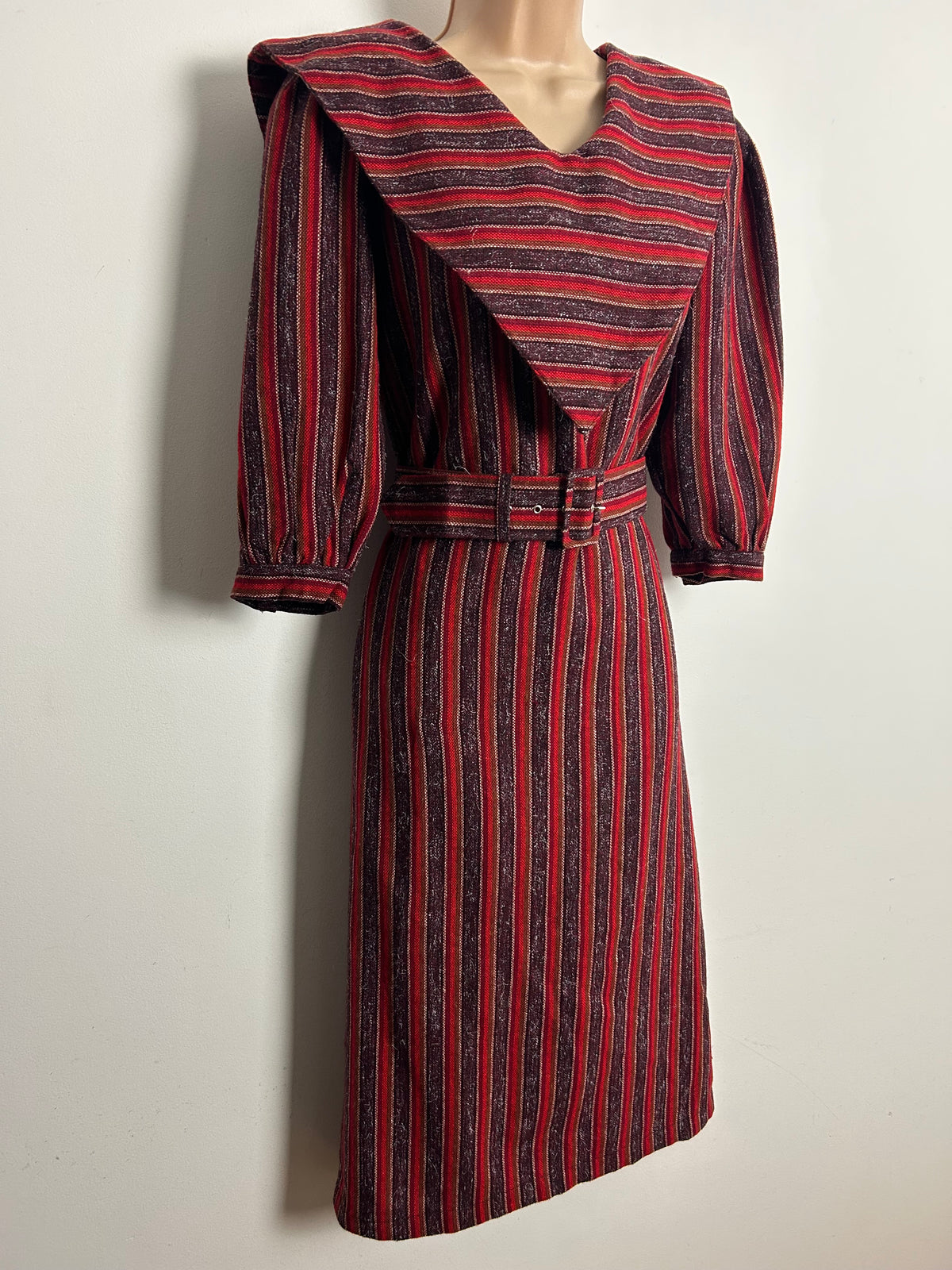 Vintage Early 1980s Size 10 Red & Brown Stripe Wool Mix Long Sleeve Feature Collar Belted Dress