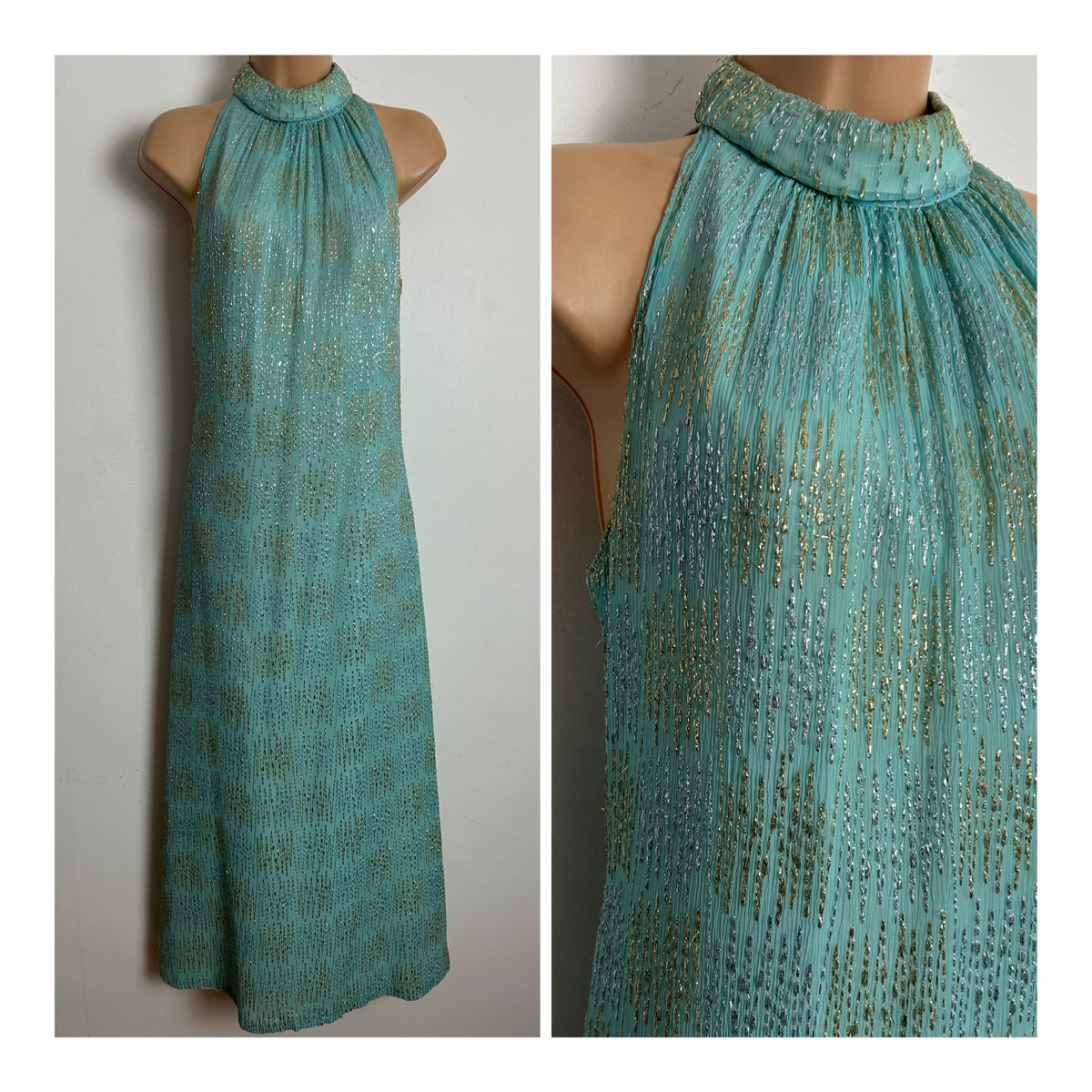 Vintage 1960s Size 8 Pale Duck Egg Blue Gold & Silver Thread Occasion Evening Maxi Dress