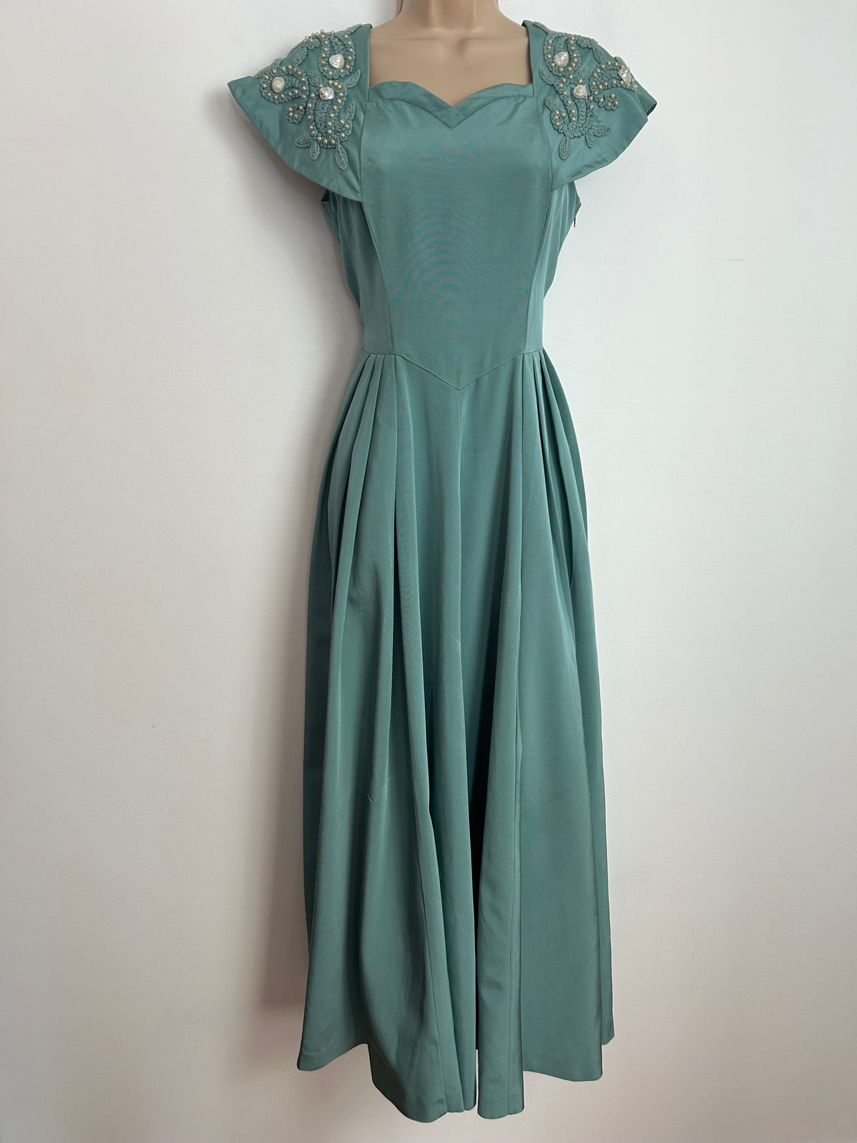 Vintage 1940s Size 10-12 Beautiful Duck Egg Blue Gaberdine Braid Bead & Shell Embellished Pleated Ballgown