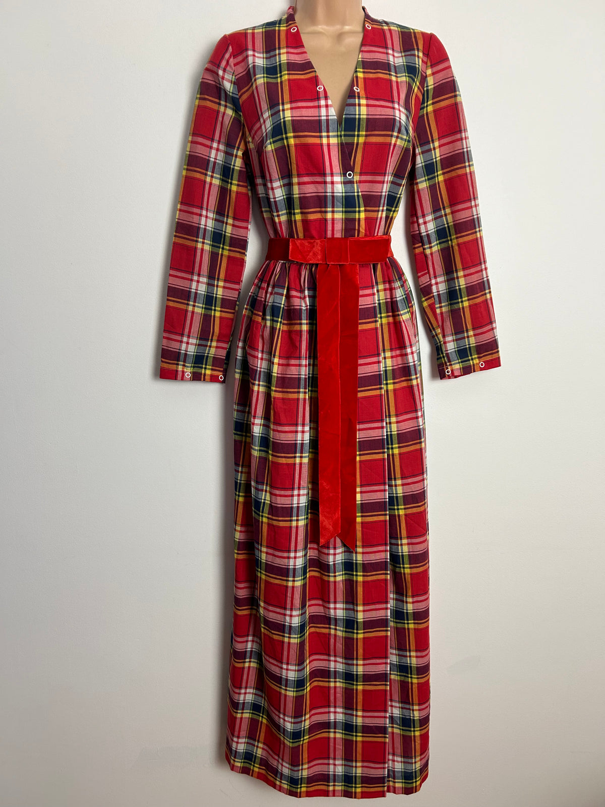 Vintage 1970s FURSTENBERG UK Size 10 Red Tartan Check Removeable Collared Full Wrap Belted Maxi Dress