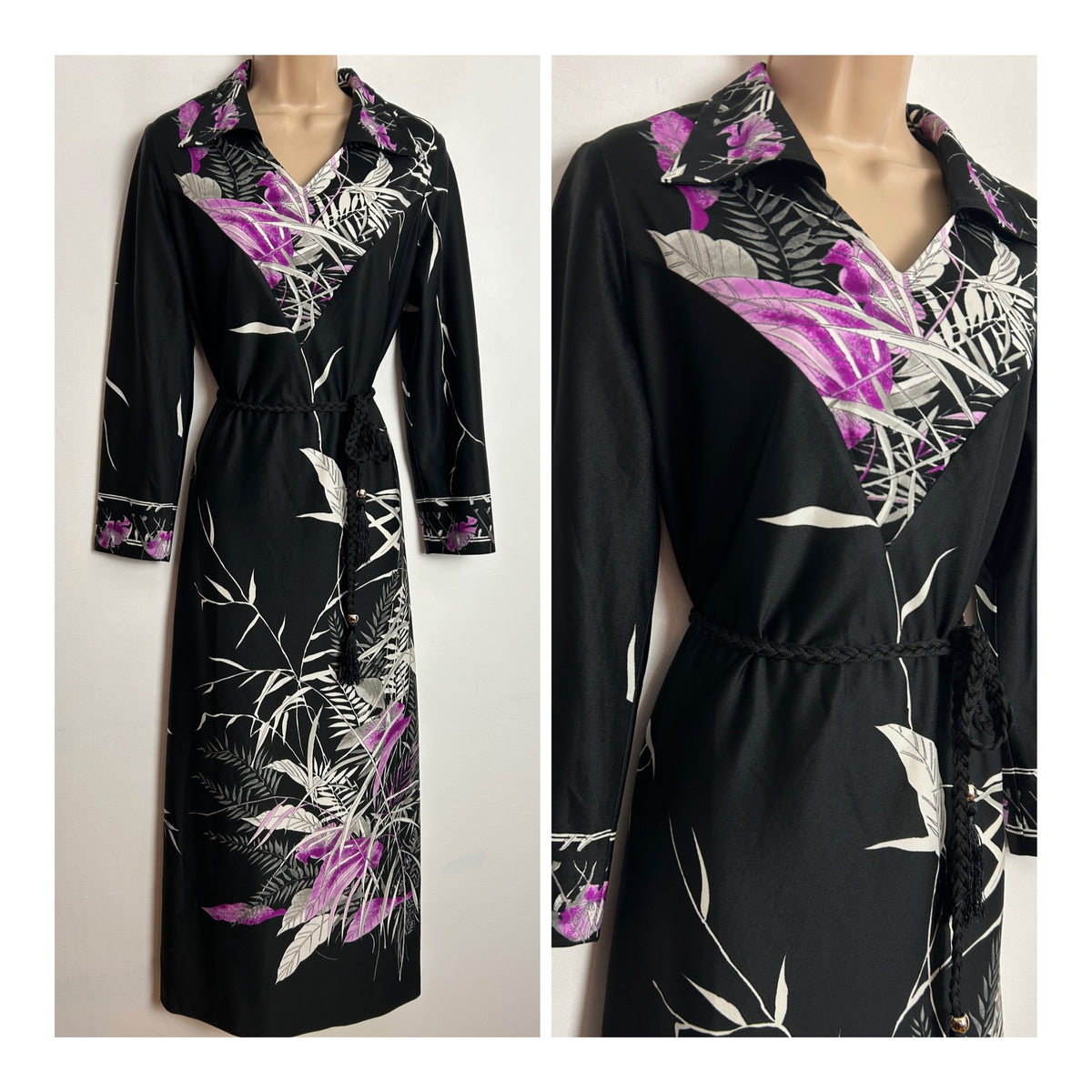 Vintage 1970s UK Size 14-16 Black Pink White & Grey Leaf Print Long Sleeve Belted Dress
