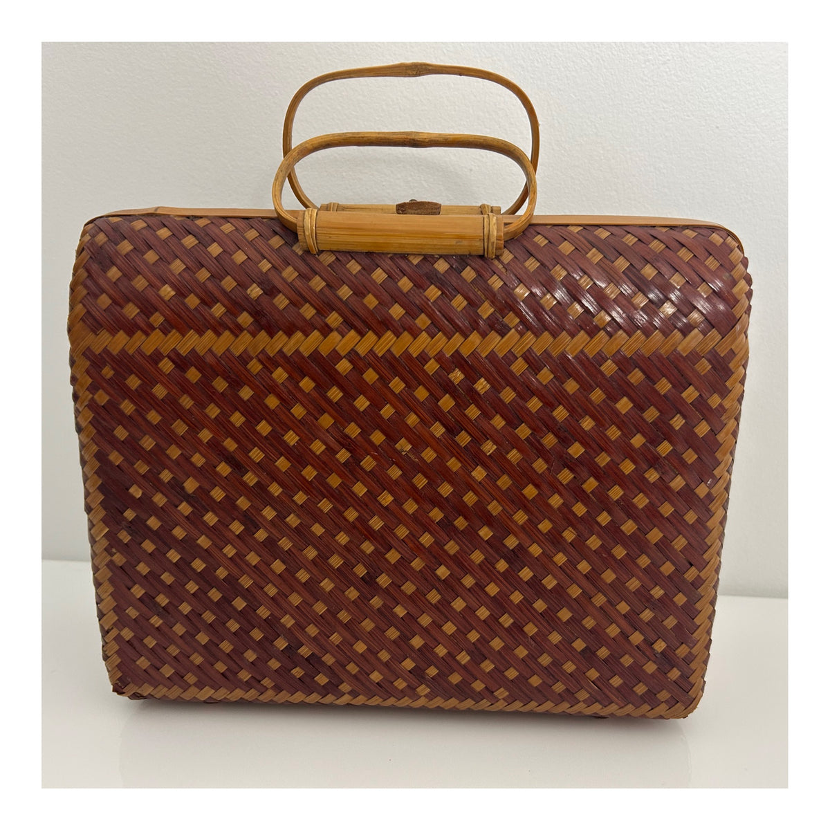 Vintage 1950s Peoples Republic Of China Brown & Tan Wicker Woven Box Style Handbag
