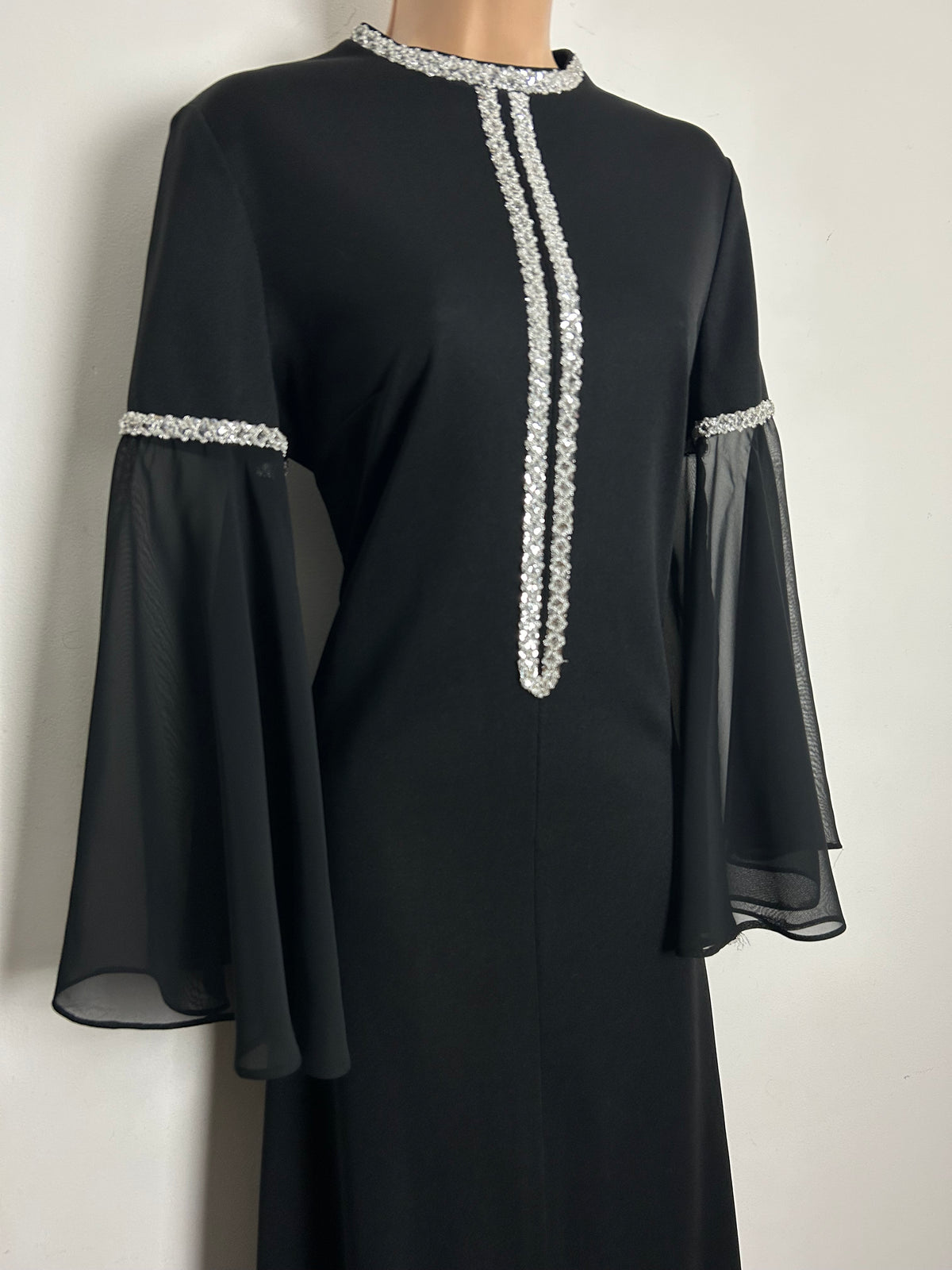 Vintage 1970s CLIFTON Size 14 Black & Silver Braid Trim Flared Chiffon Sleeve Evening Maxi Dress