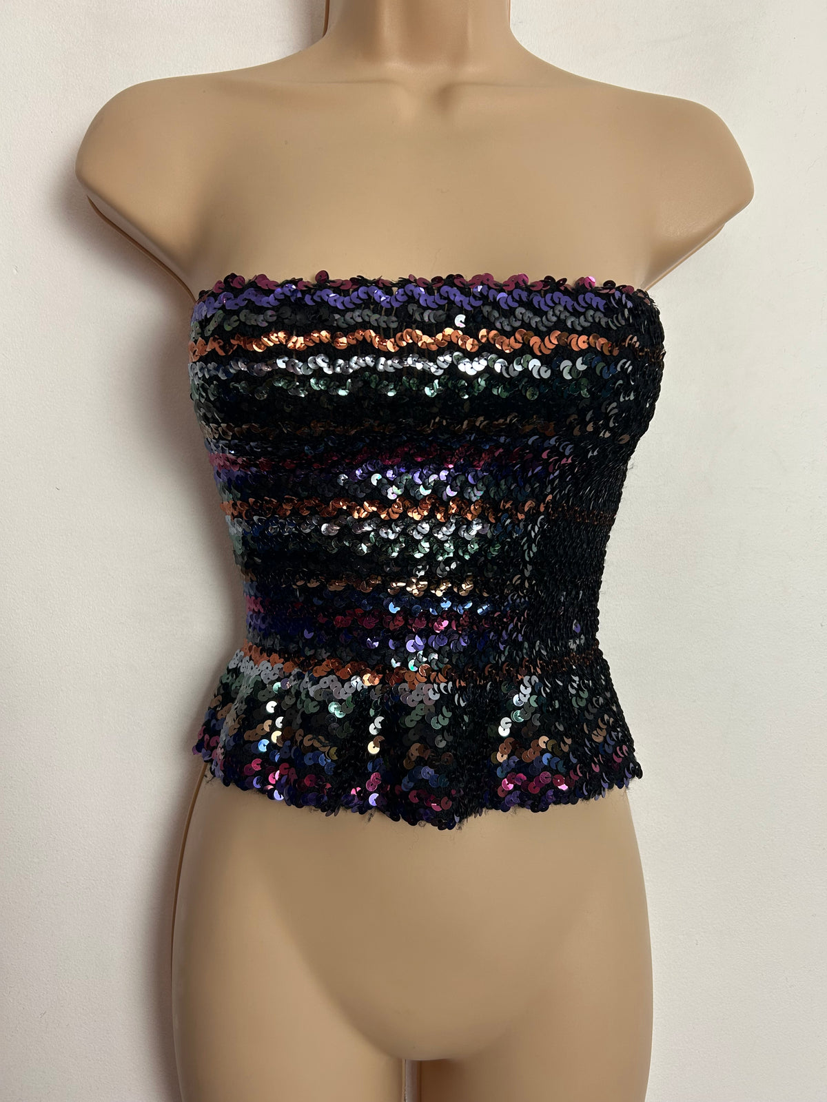 Vintage 1980s Up To size 10/12 Strapless Sequin Stretchy Peplum Style Bandeau Disco Party Top