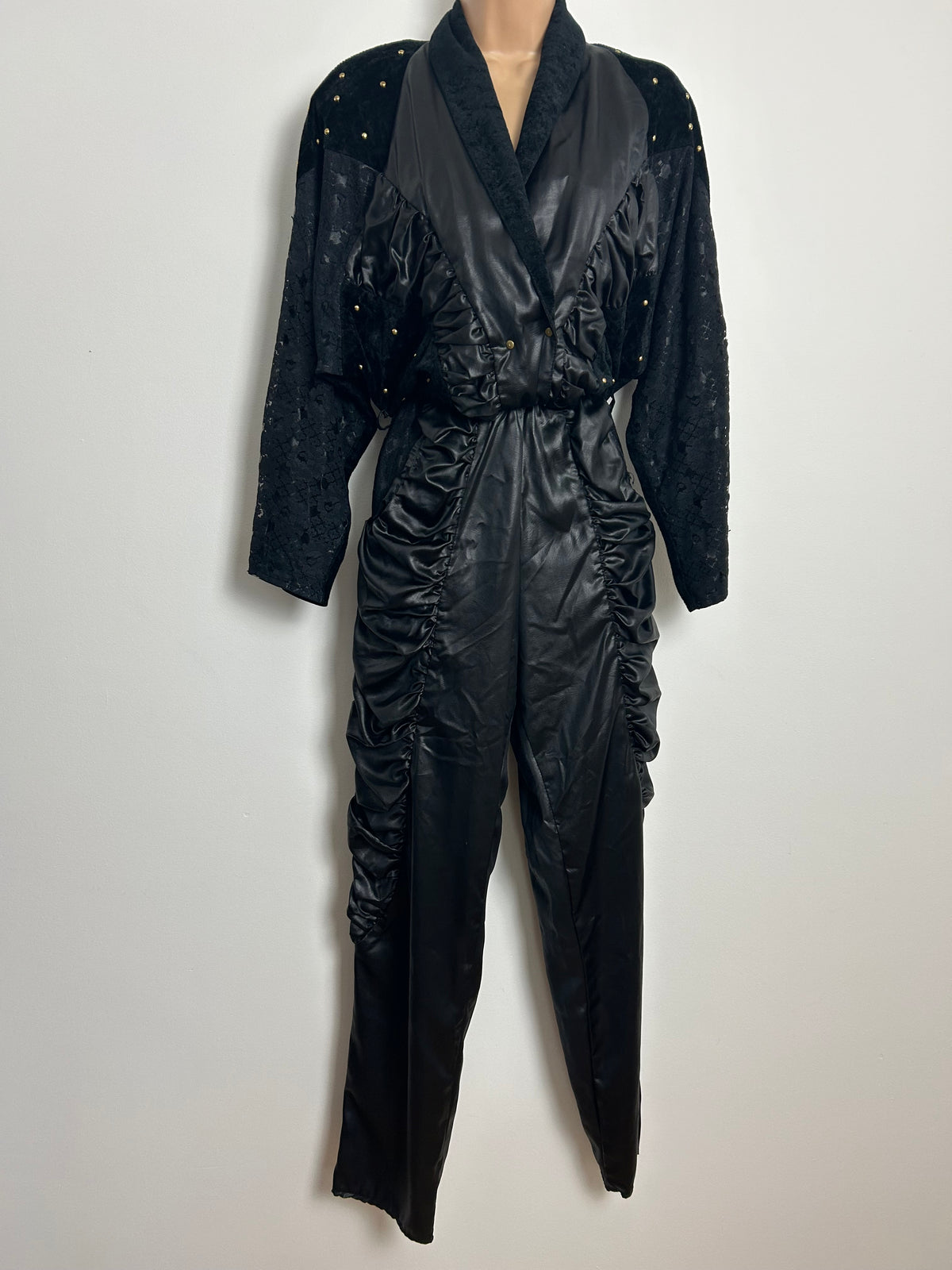 Vintage Extreme 1980s ST DENIS Size 10 Black Ruched Wet Look Studded New Romantic Gothic Vibes Jumpsuit