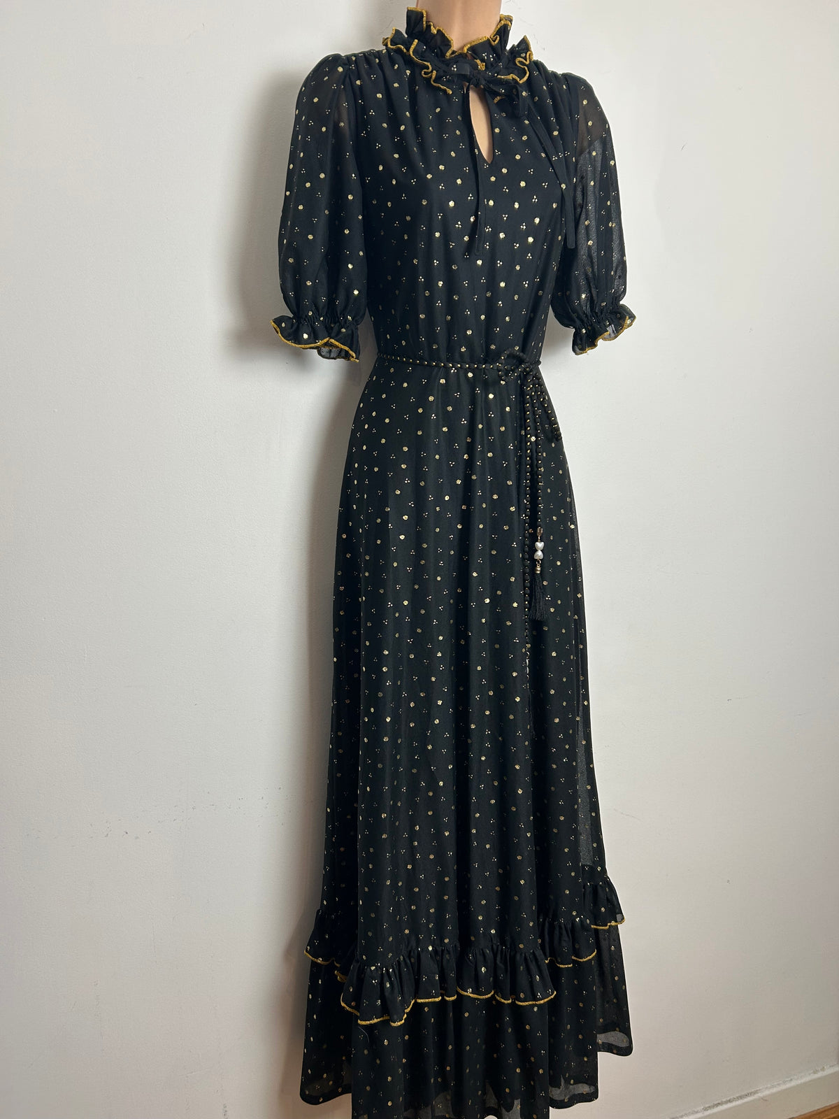 Vintage 1970s Size 10 Black & Metallic Gold Spot Print Belted Prairie Evening Maxi Dress