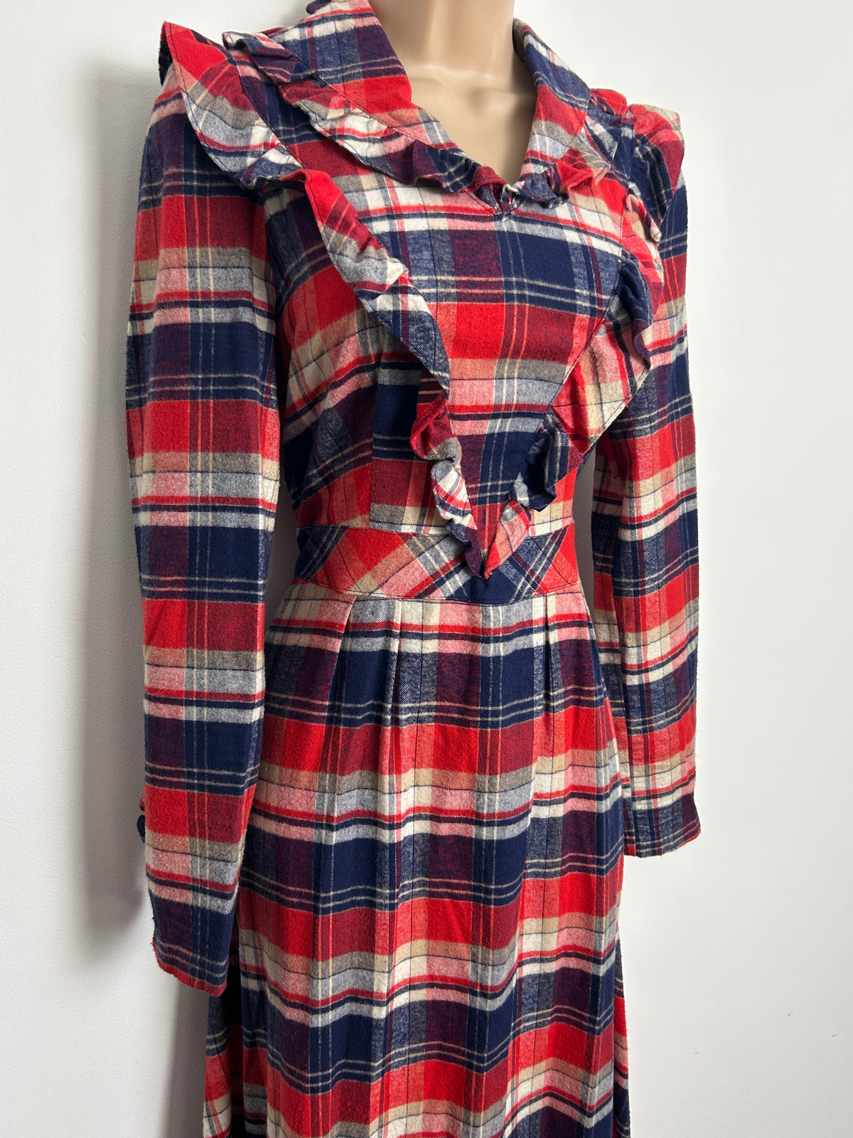 Vintage 1970s BETTY BARCLAY Size 10 Blue Red & White Check Flannel Cotton Tie Back Prairie Maxi Dress