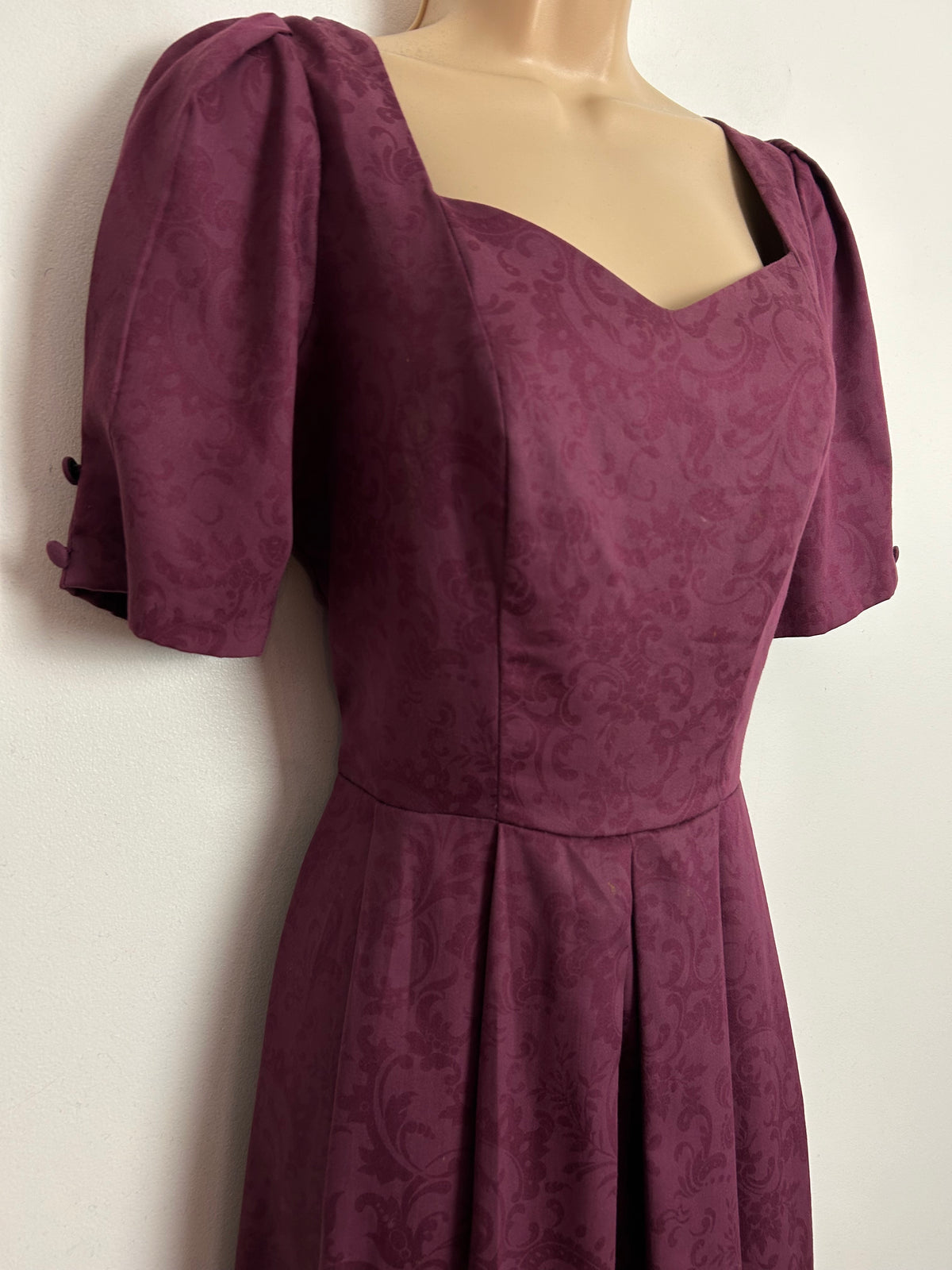 Vintage 80s LAURA ASHLEY UK Size 8-10 (UK Size 12) Plum Purple Floral Bow Open Bow Back Midi Dress
