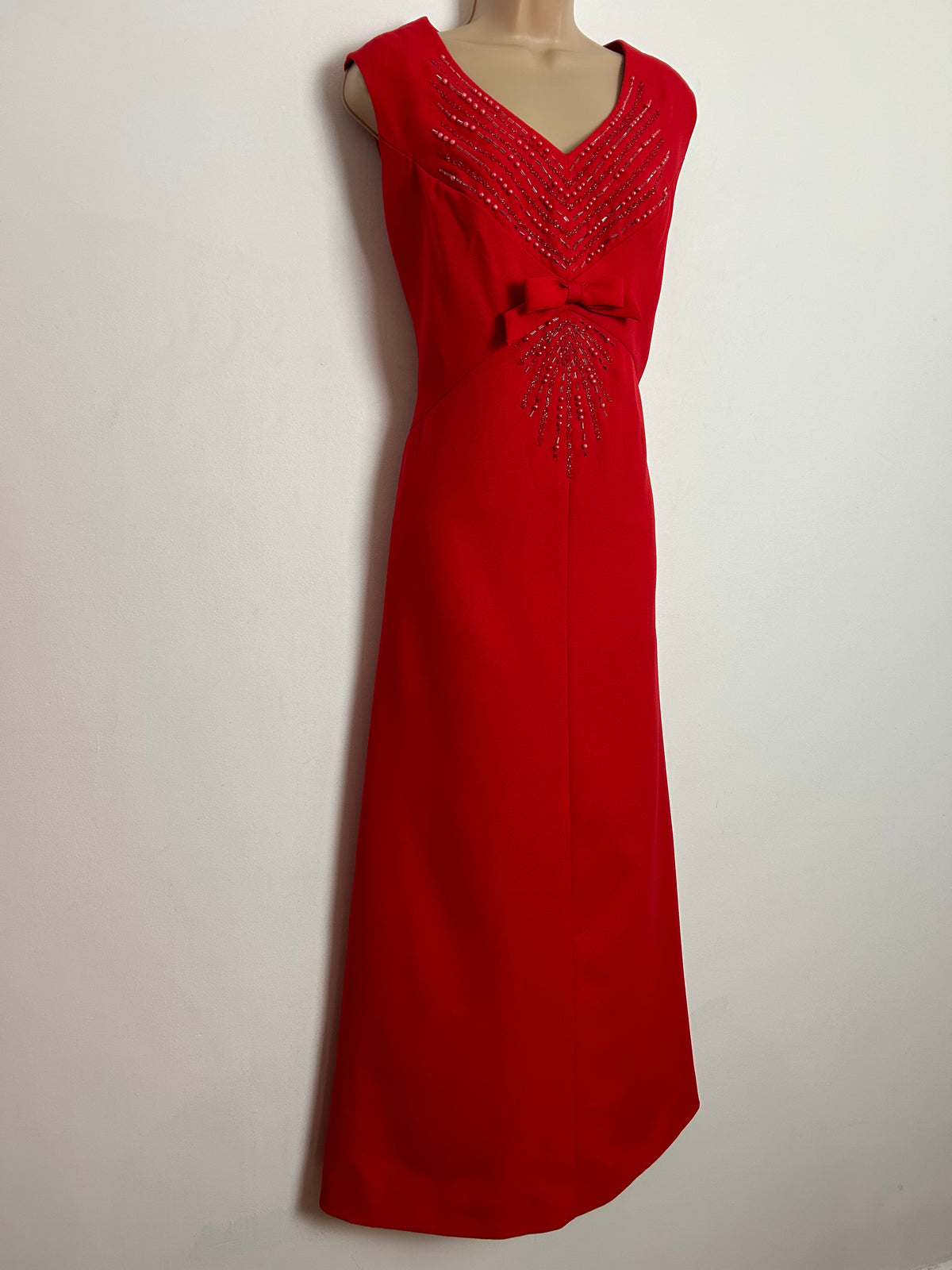 Vintage Late 1960s UK Size 12-14 Red Bead & Bow Embellished Occasion Evening Maxi Dress