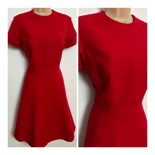 Vintage 1960s HASSO UK Size 8 Red Pure New Wool Stitch Detail Short Sleeve Mod Dress