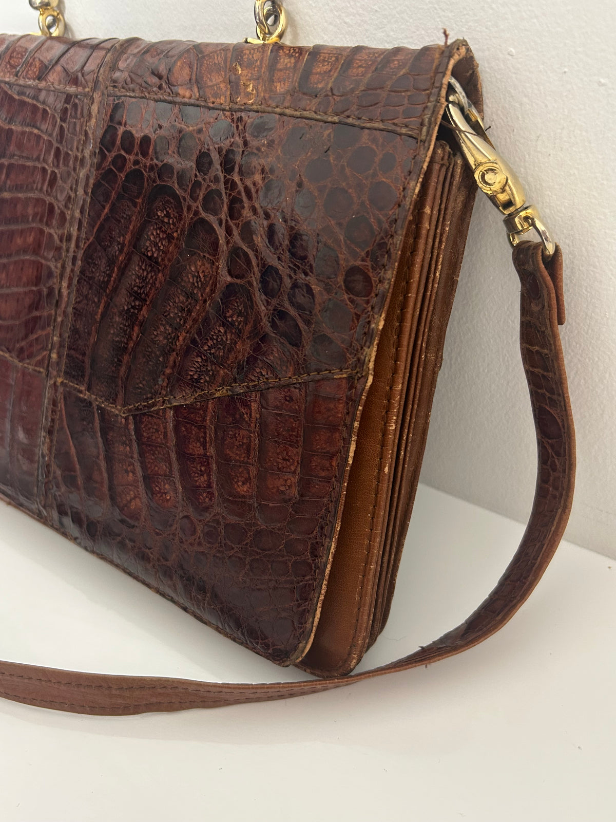 Vintage 1970s Brown Crocodile Skin Leather Handbag With Detachable Shoulder Strap