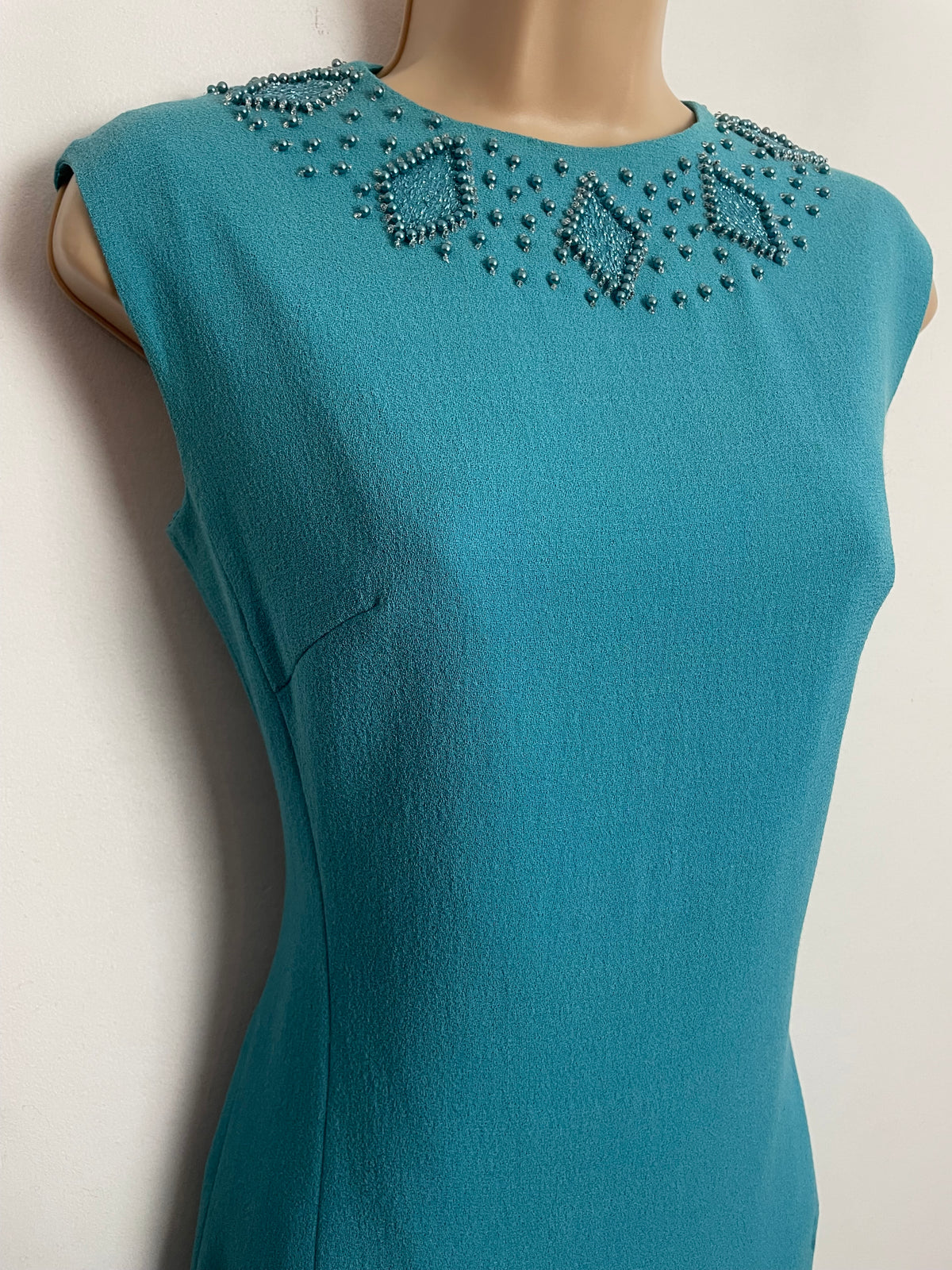 Vintage 1960s UK Size 10 Blue Bead Embellished Detail Mod Party Occasion Shift Dress